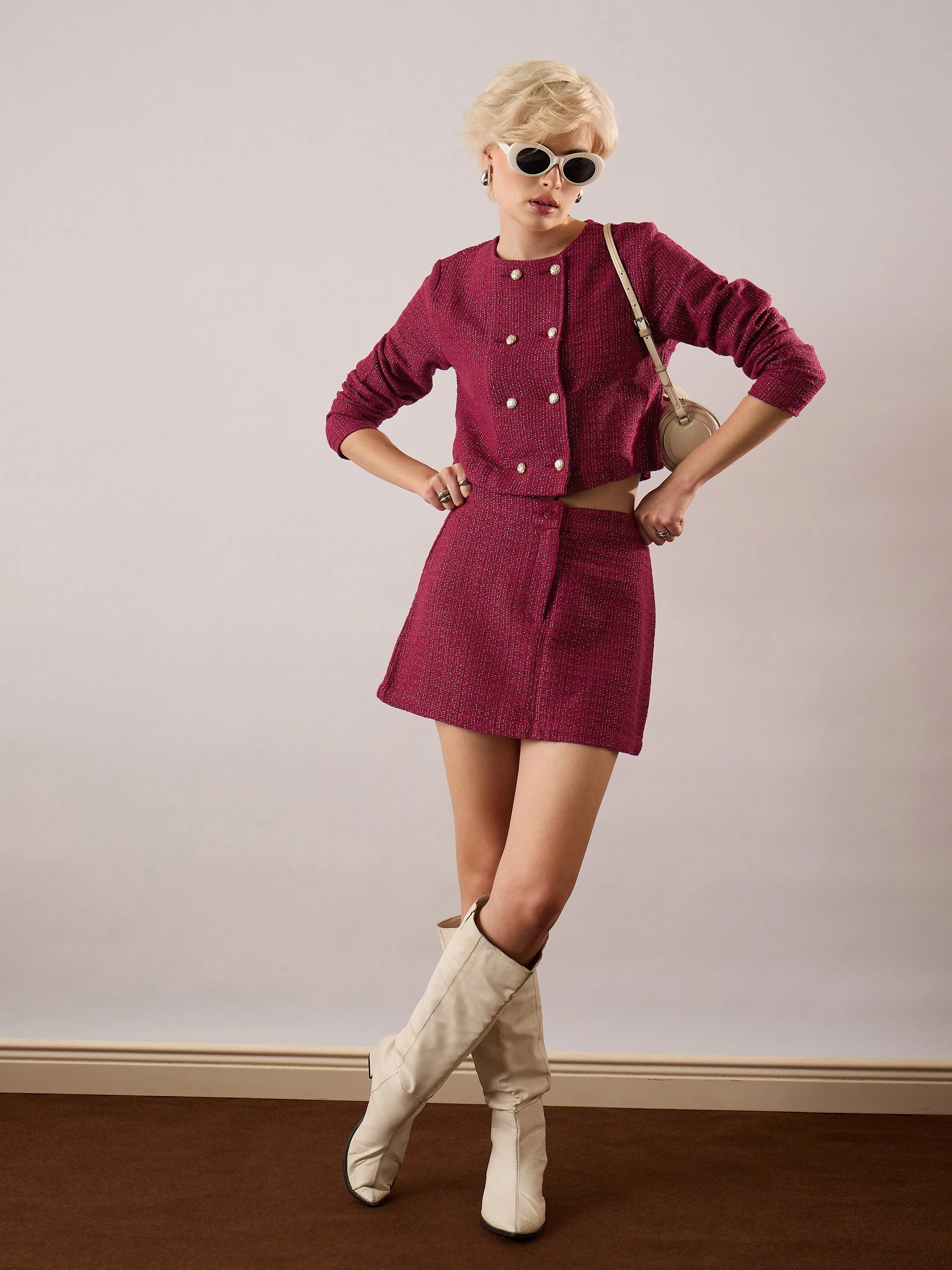 Women Maroon Tweed Full Sleeves Crop Blazer With Mini Skirt - Image 2