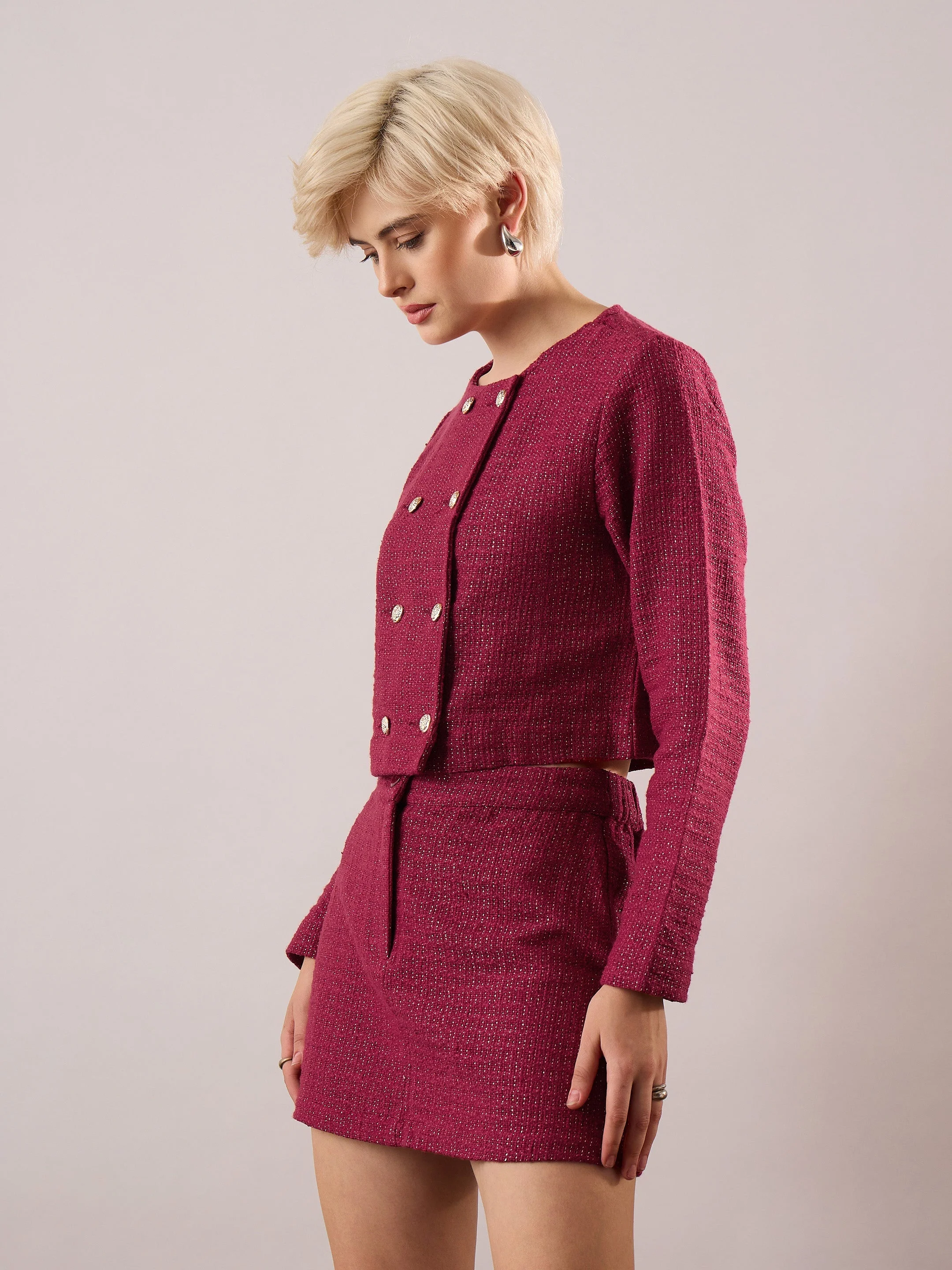 Women Maroon Tweed Full Sleeves Crop Blazer With Mini Skirt - Image 3