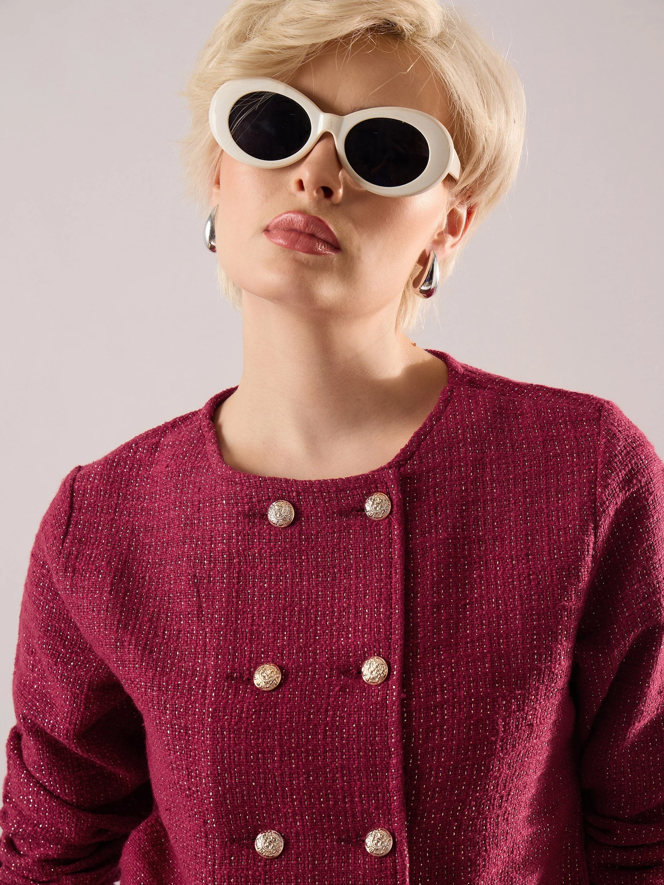 Women Maroon Tweed Full Sleeves Crop Blazer With Mini Skirt - Image 4