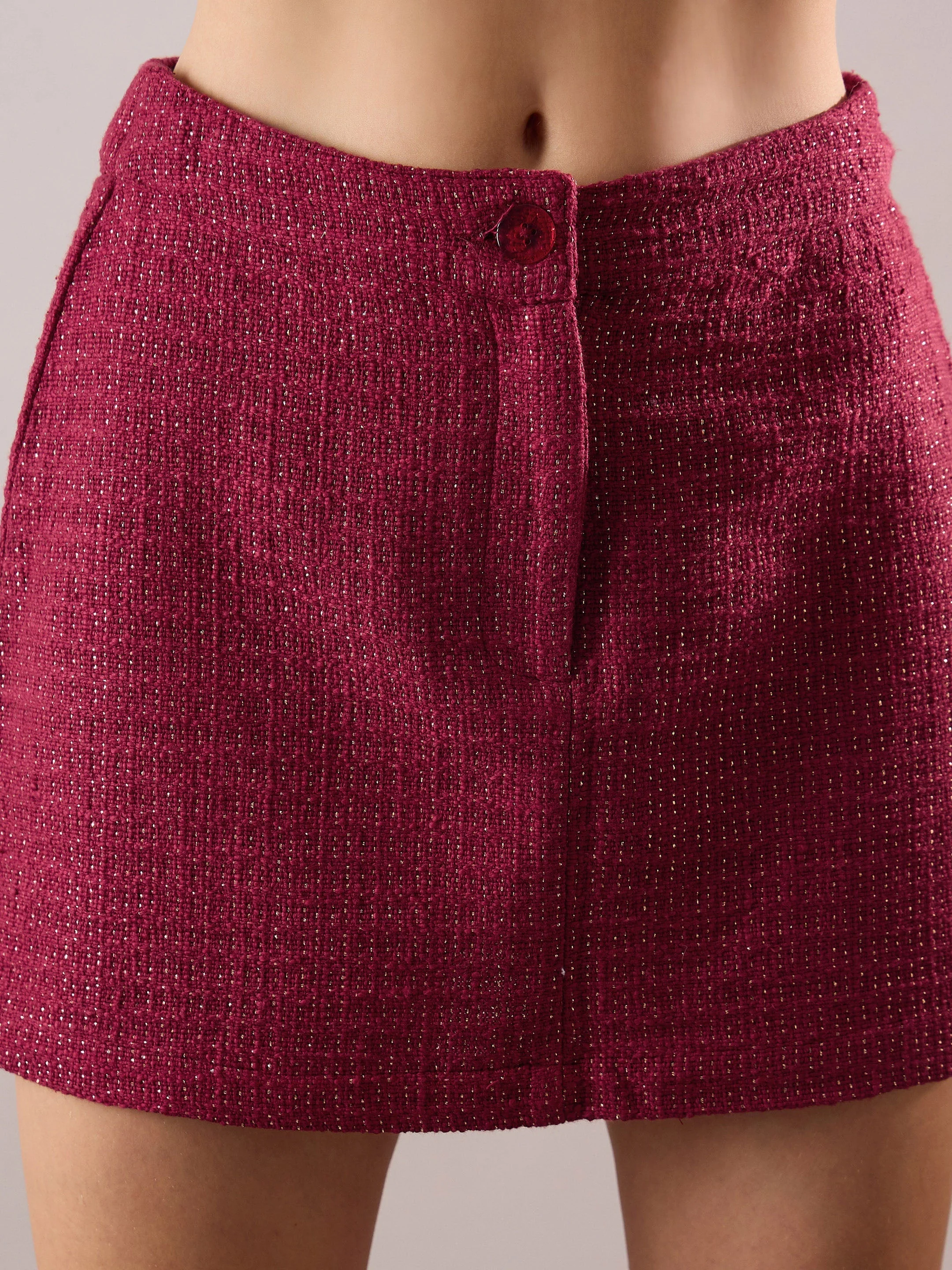 Women Maroon Tweed Full Sleeves Crop Blazer With Mini Skirt - Image 5