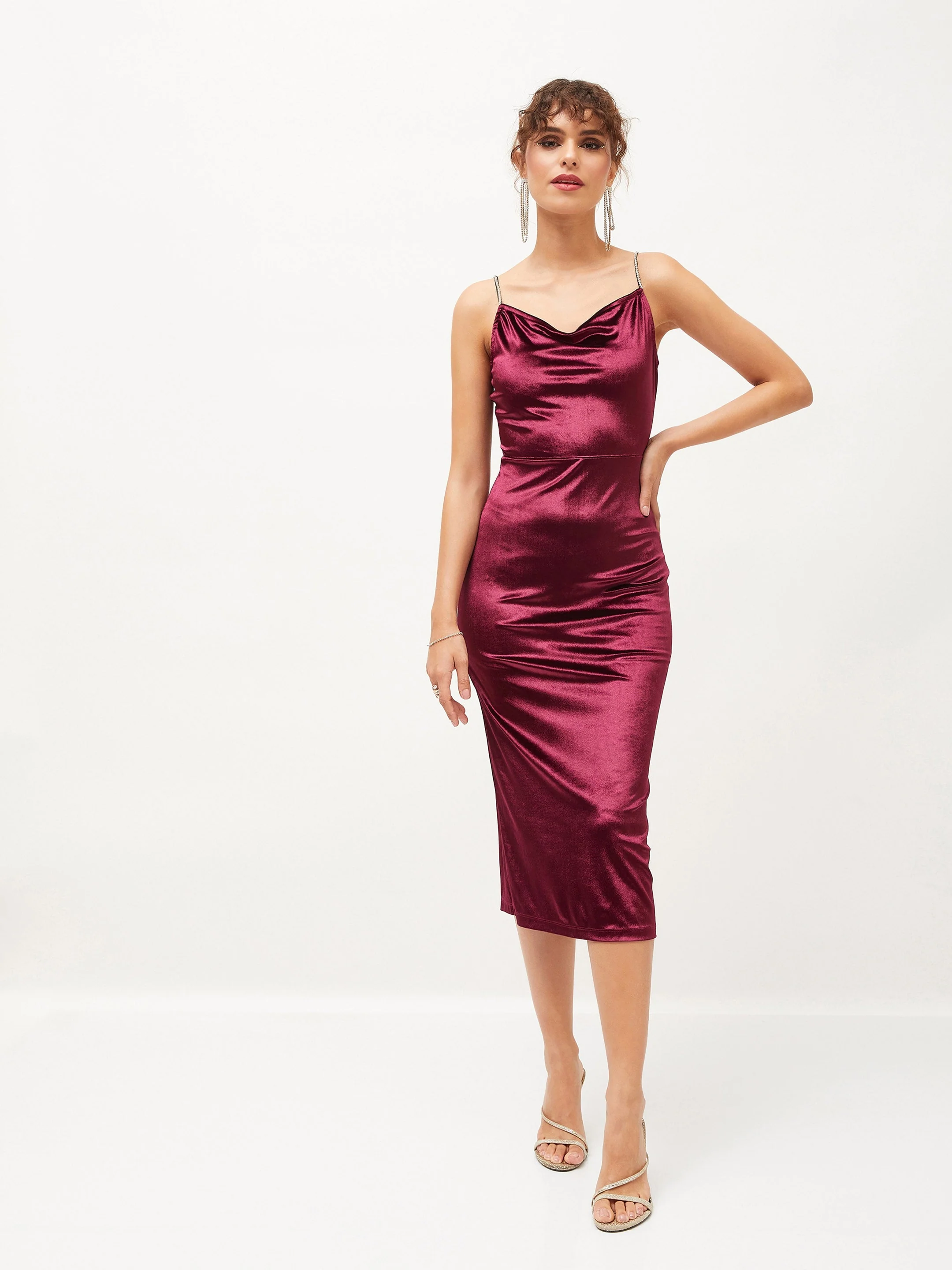 Women Maroon Velvet Cowl Neck Bodycon Dress - Image 6