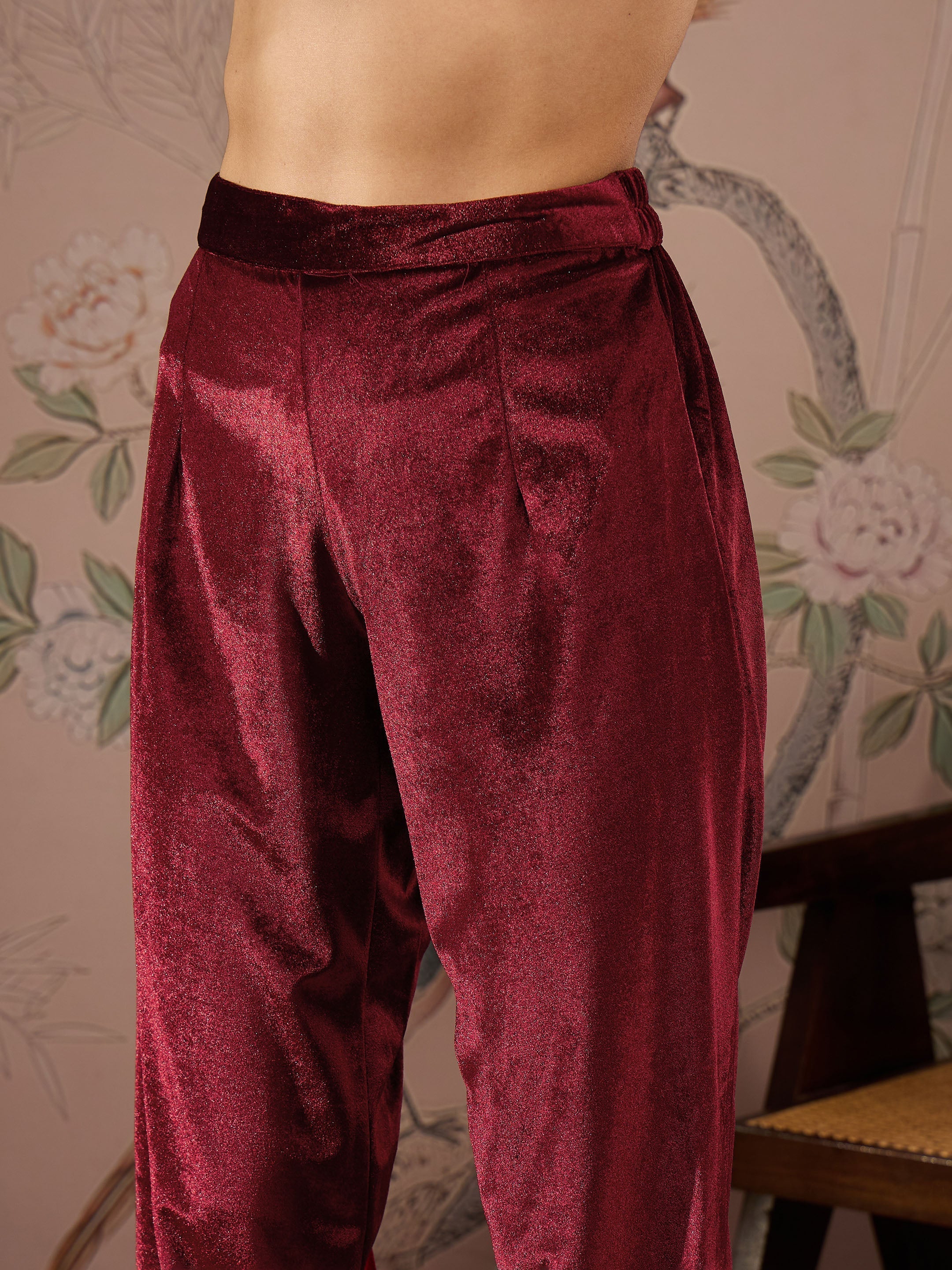 Women Maroon Velvet Elasticated Straight Pants - Image 4