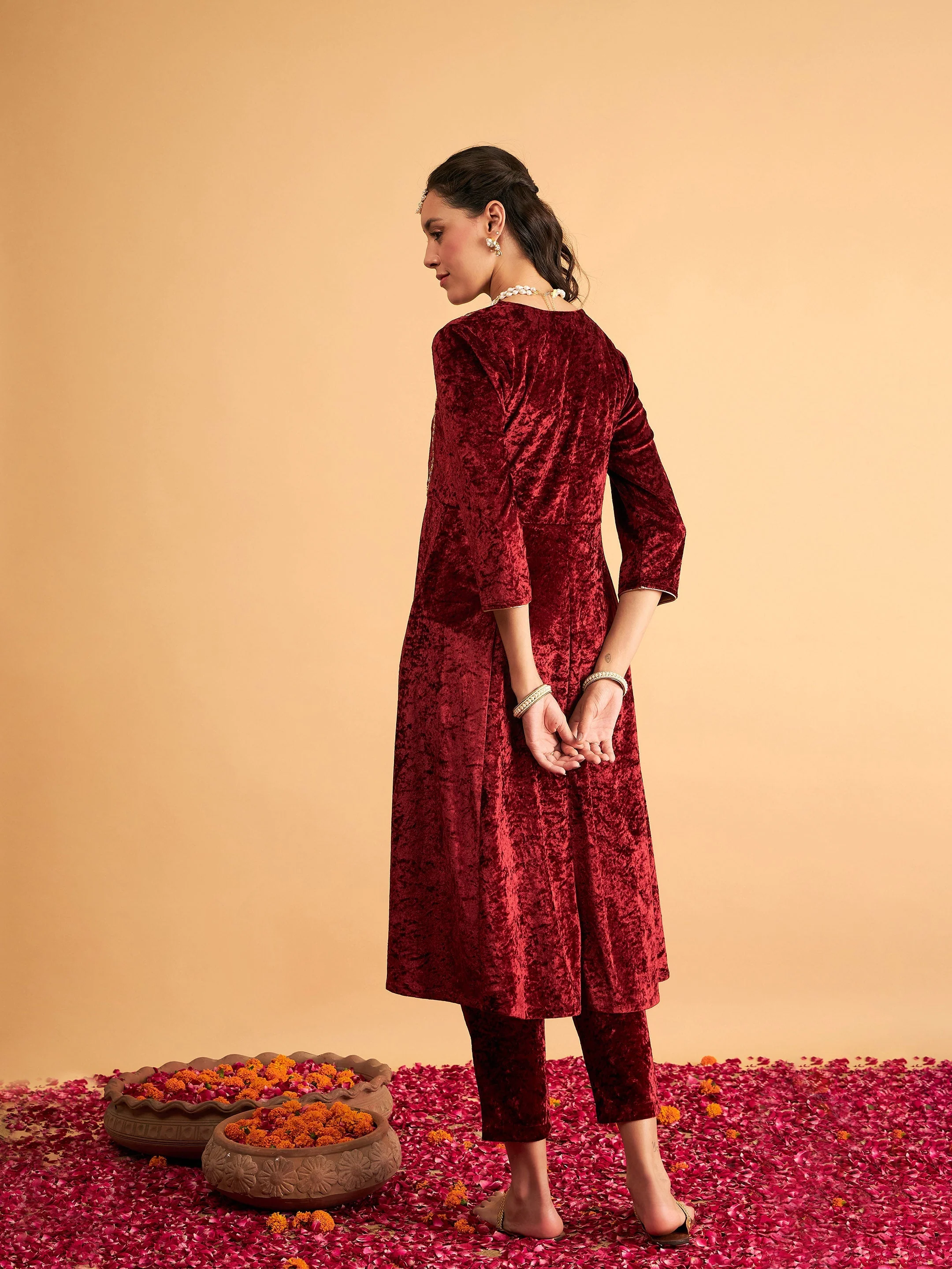 Women Maroon Velvet Embroidered Anarkali Dress - Image 5