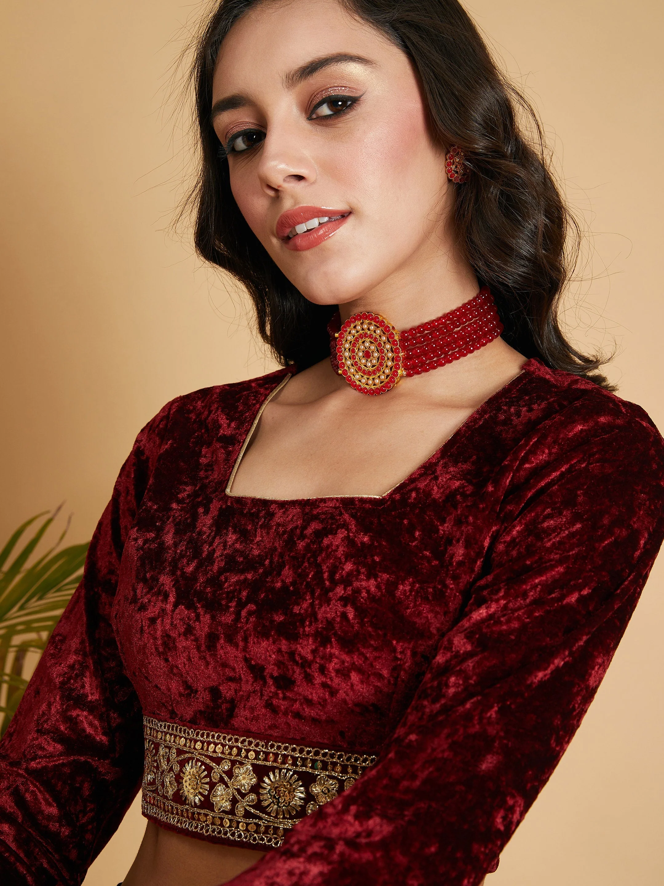 Women Maroon Velvet Embroidered Crop Top - Image 4