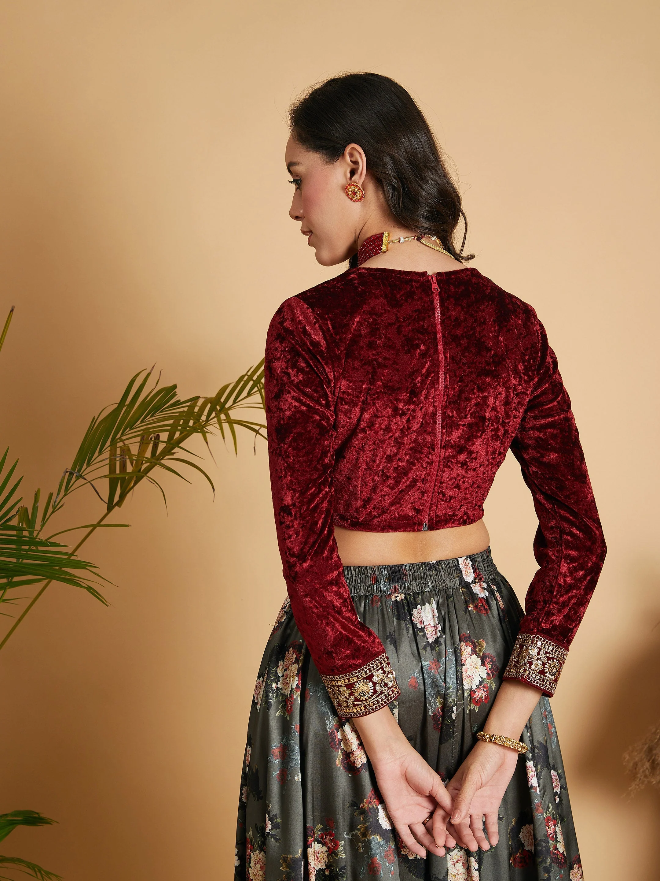 Women Maroon Velvet Embroidered Crop Top - Image 5