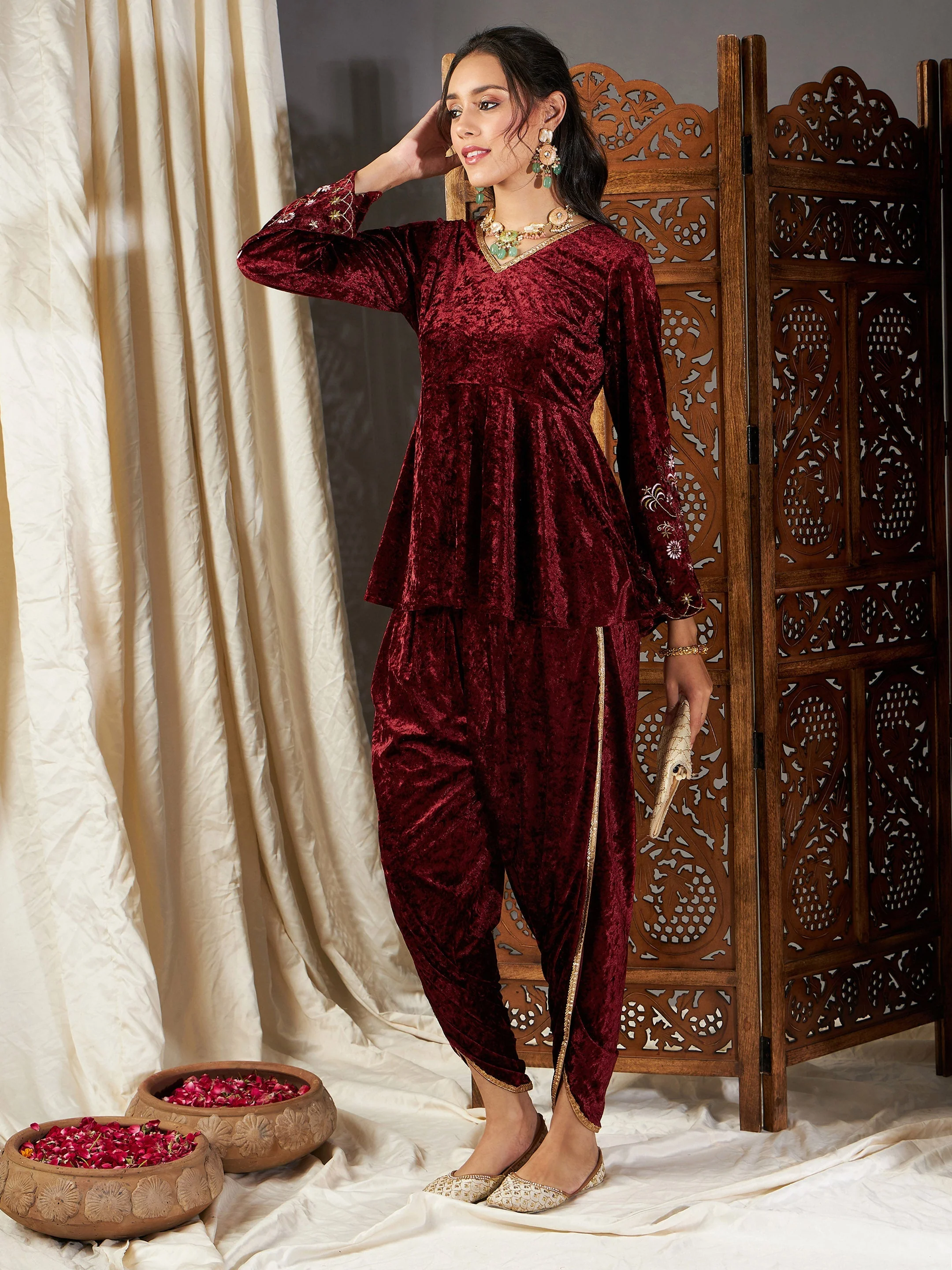 Women Maroon Velvet Embroidered Peplum Kurta With Dhoti Pants - Image 3