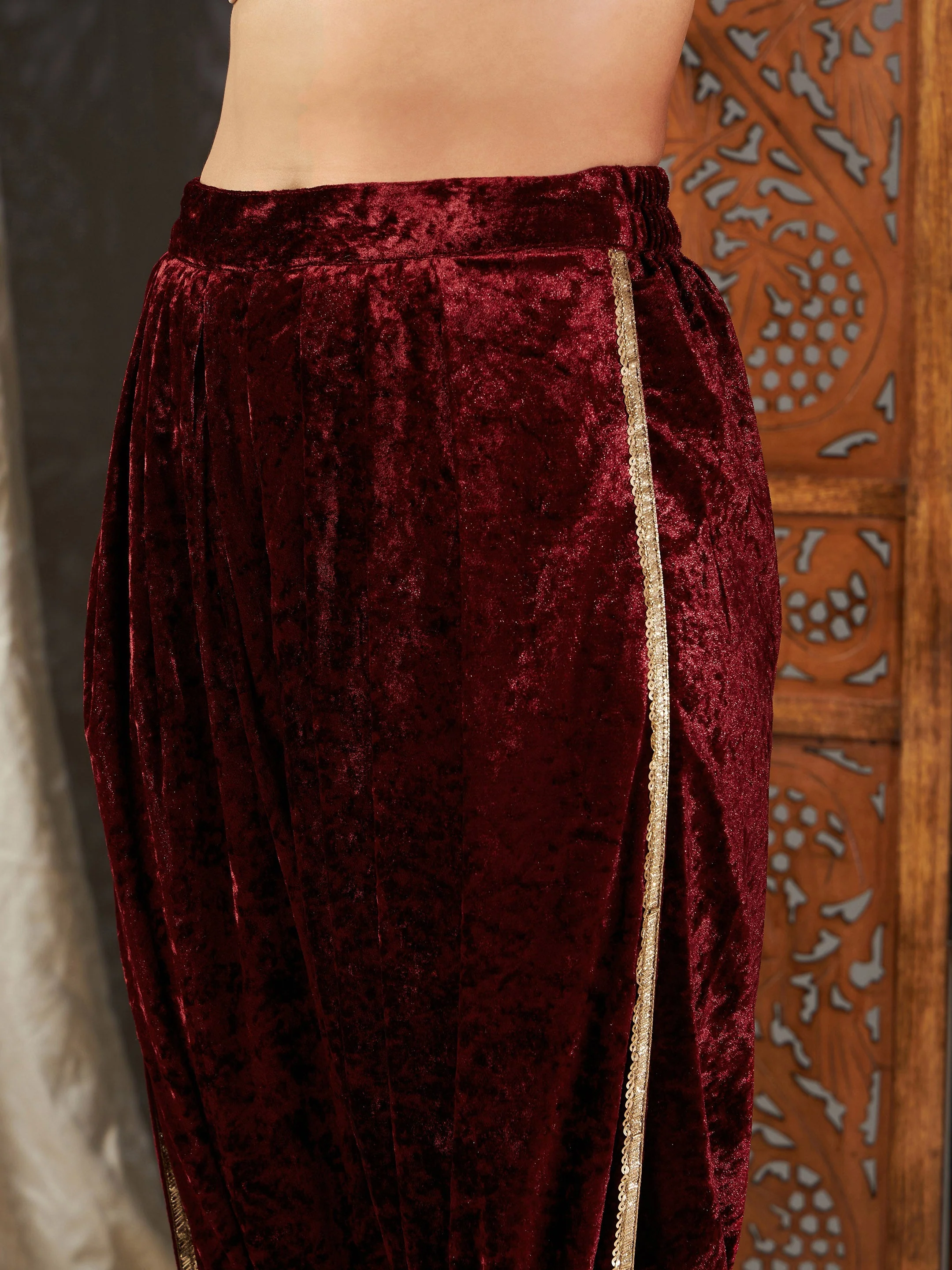 Women Maroon Velvet Embroidered Peplum Kurta With Dhoti Pants - Image 5