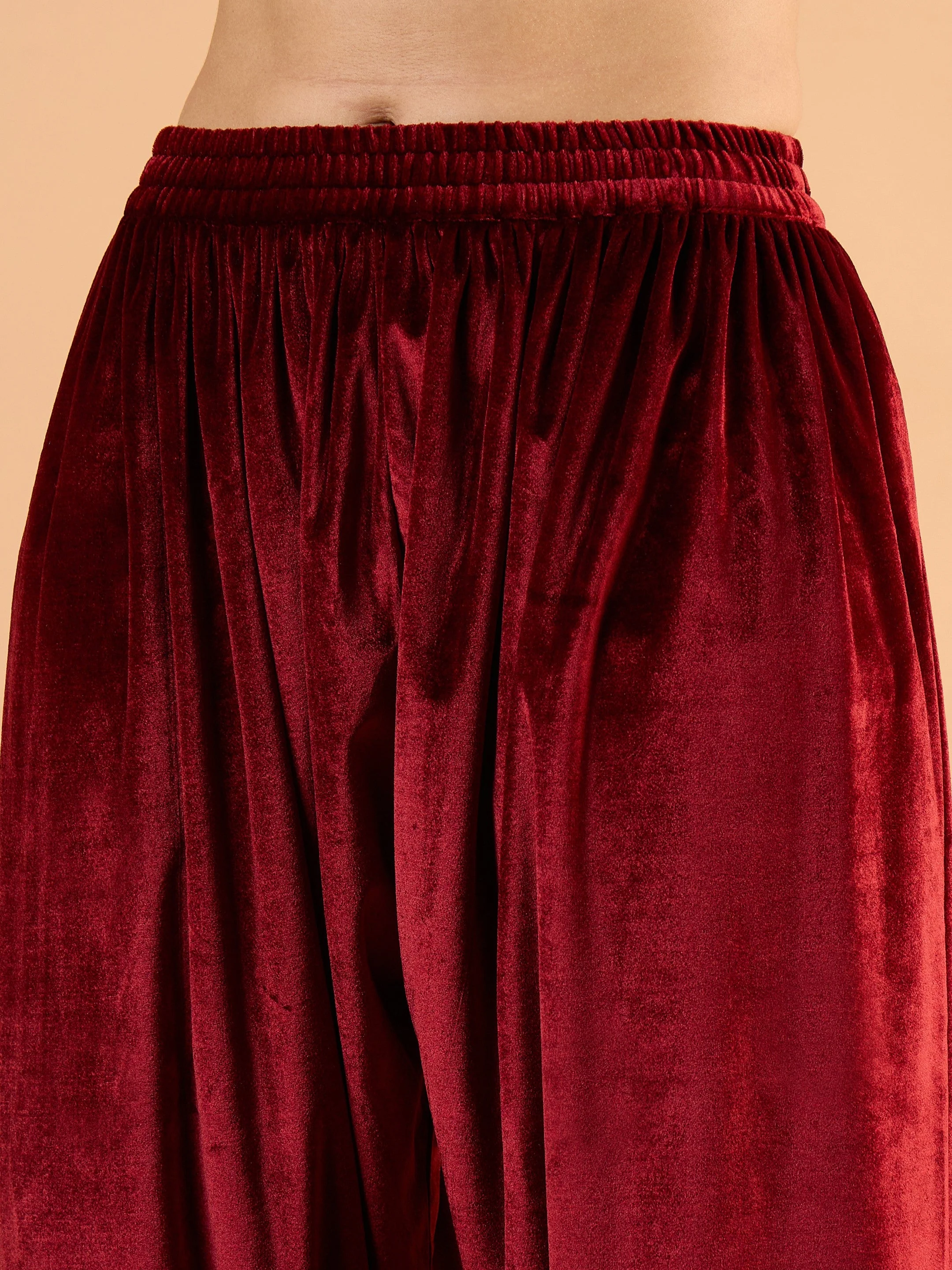 Women Maroon Velvet Embroidered Short Kurta With Farshi Salwar - Image 3