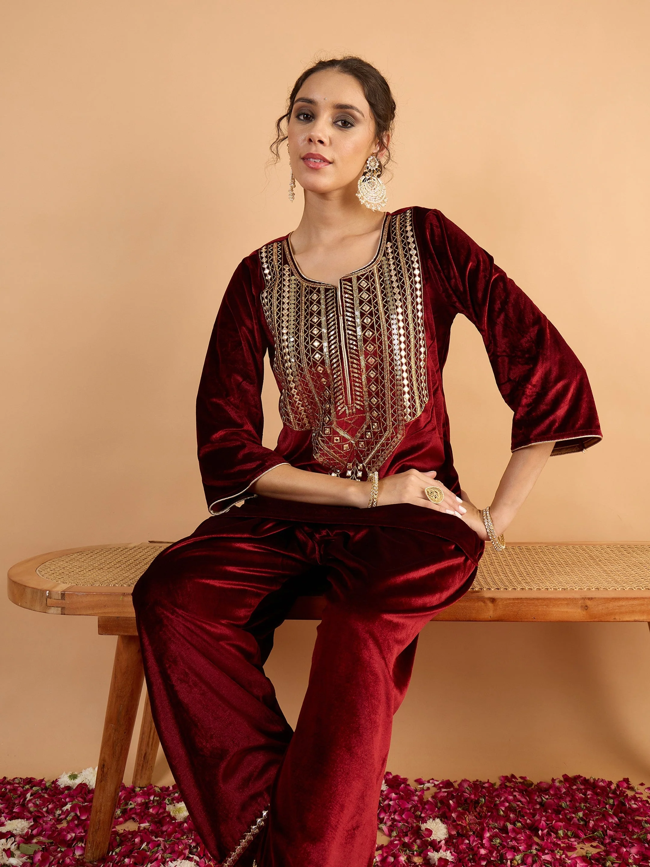 Women Maroon Velvet Embroidered Short Kurta With Farshi Salwar - Image 4