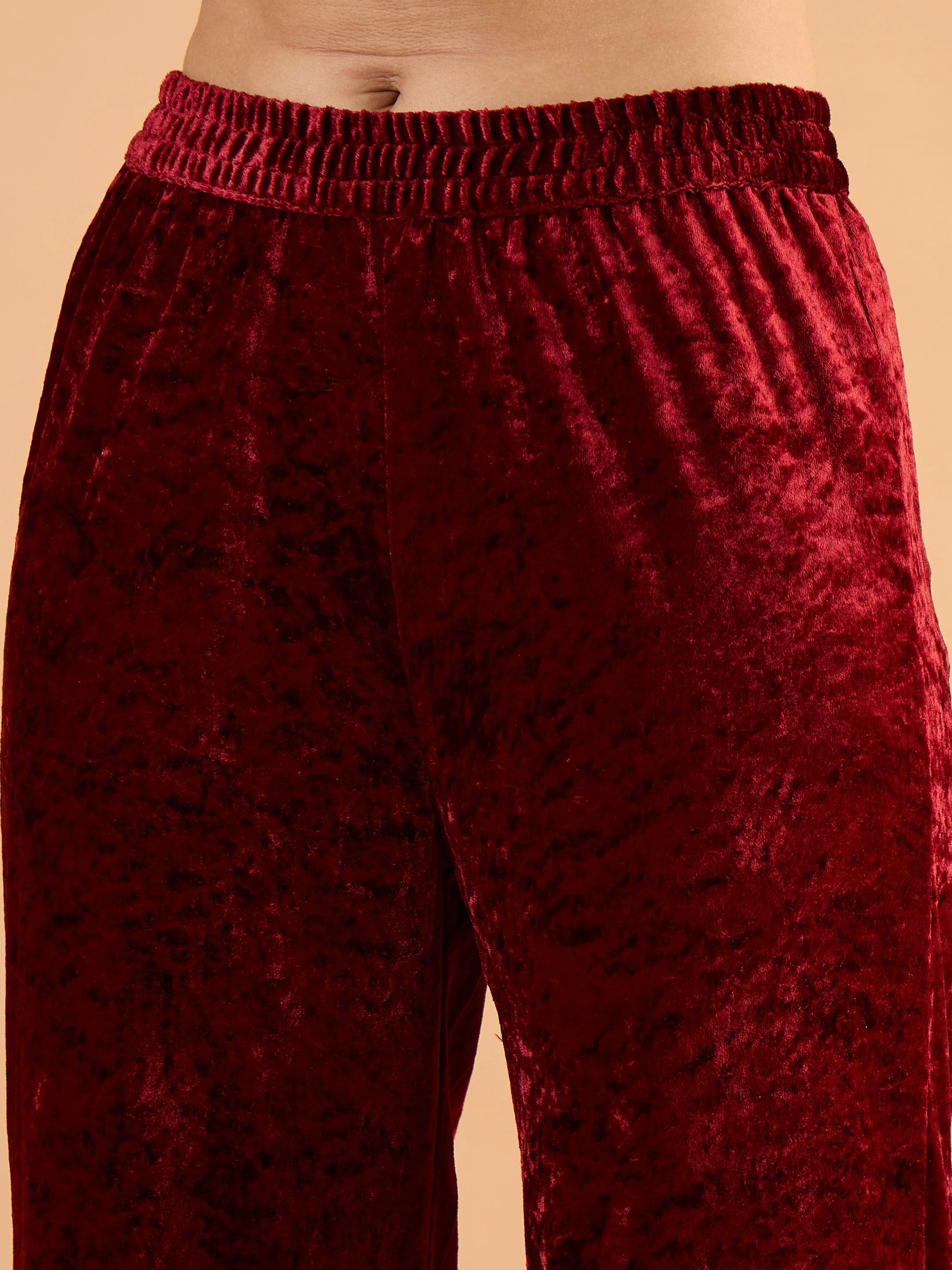 Women Maroon Velvet Embroidered Short Kurta With Straight Pants - Image 3