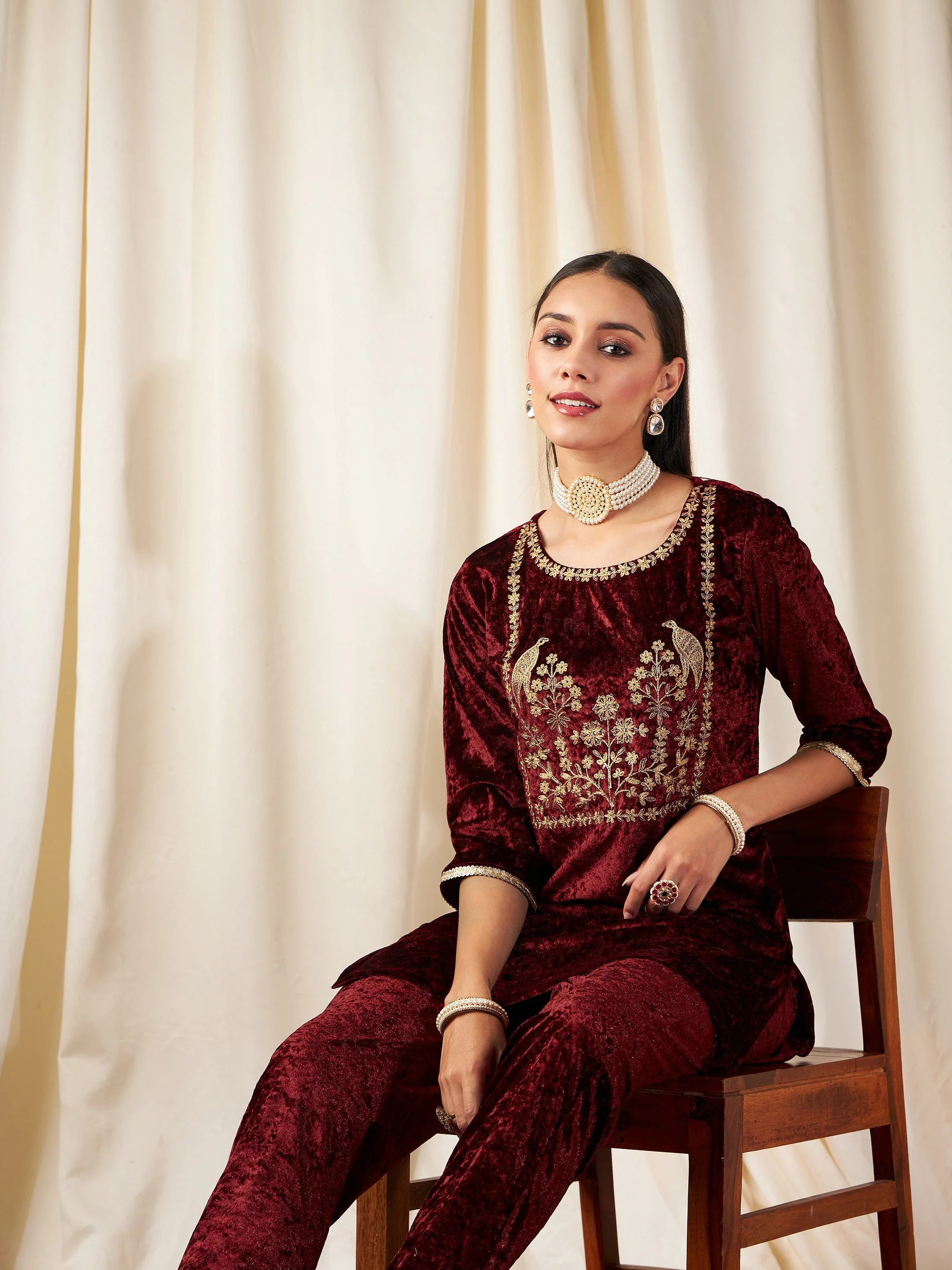 Women Maroon Velvet Embroidered Yoke Short Kurta - Image 2
