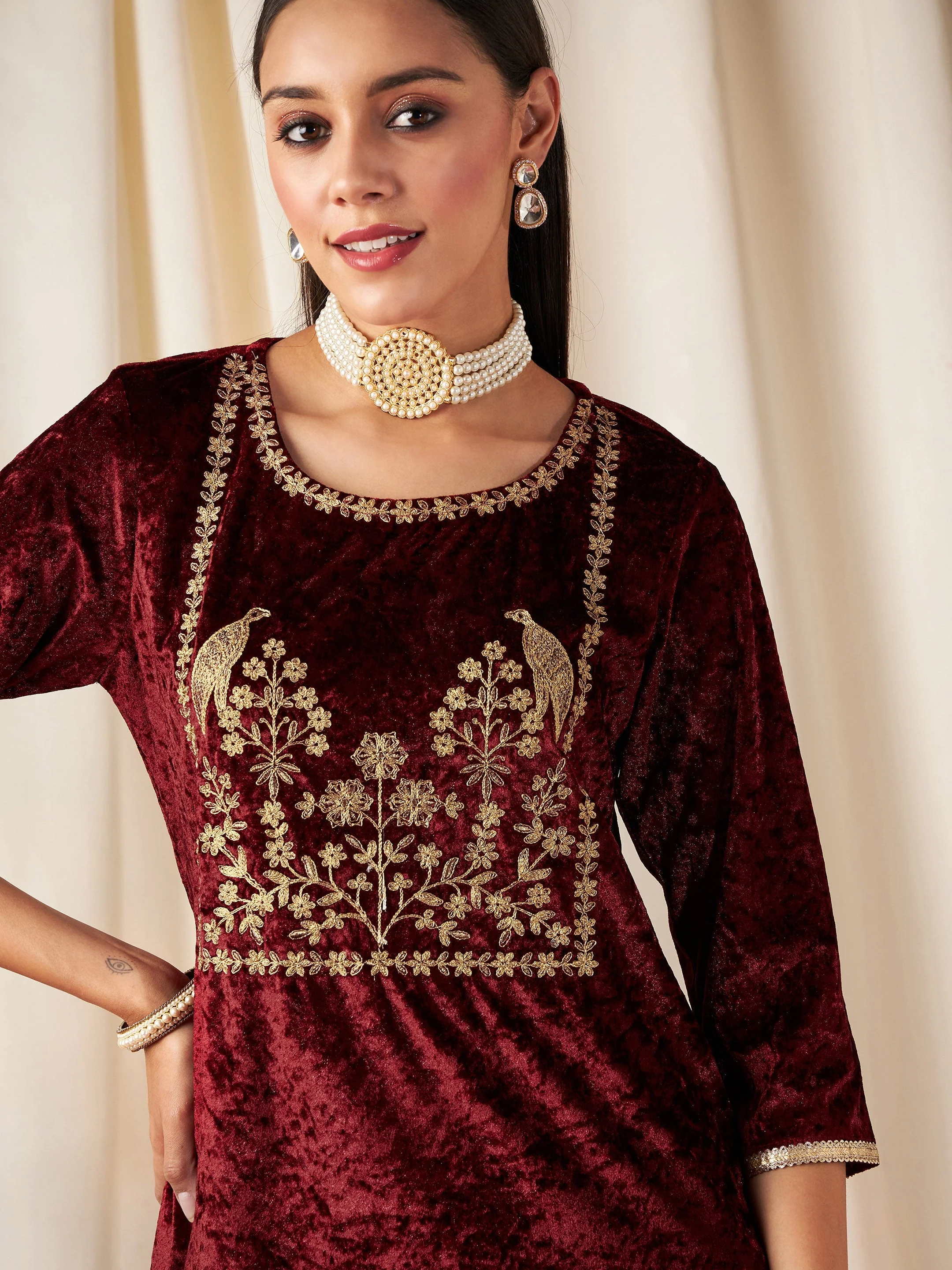 Women Maroon Velvet Embroidered Yoke Short Kurta - Image 4