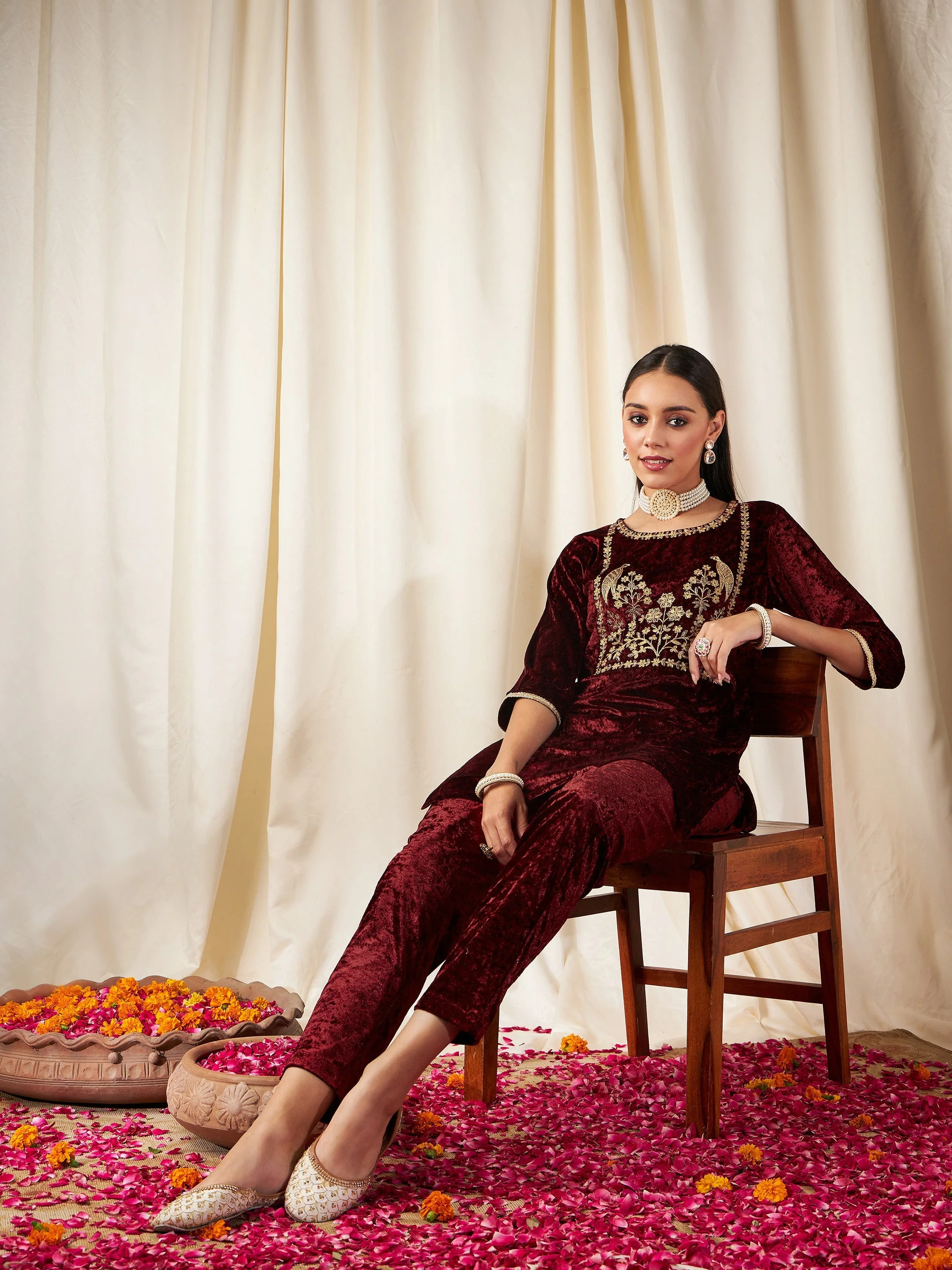 Women Maroon Velvet Embroidered Yoke Short Kurta With Pants - Image 2