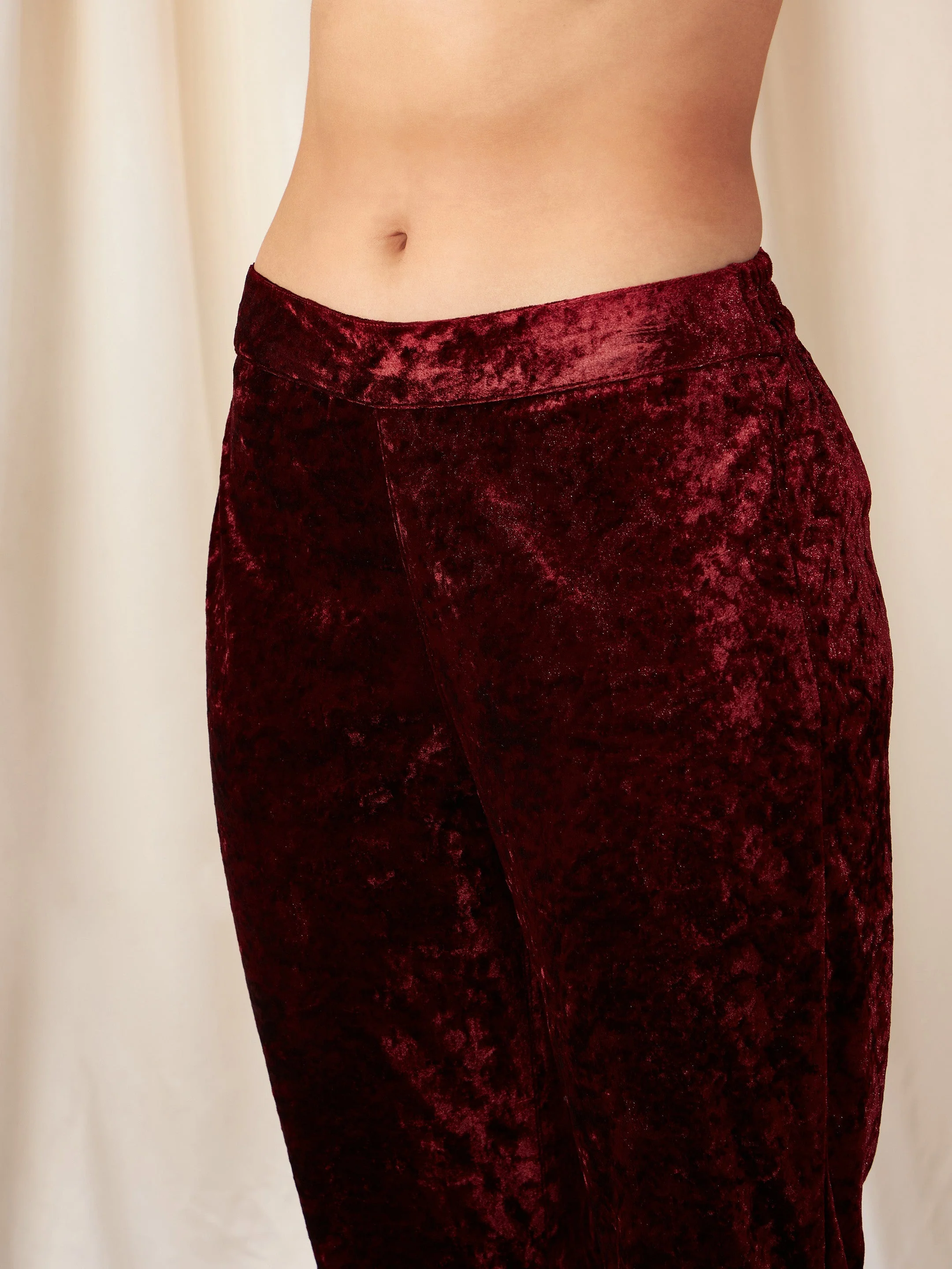 Women Maroon Velvet Embroidered Yoke Short Kurta With Pants - Image 5