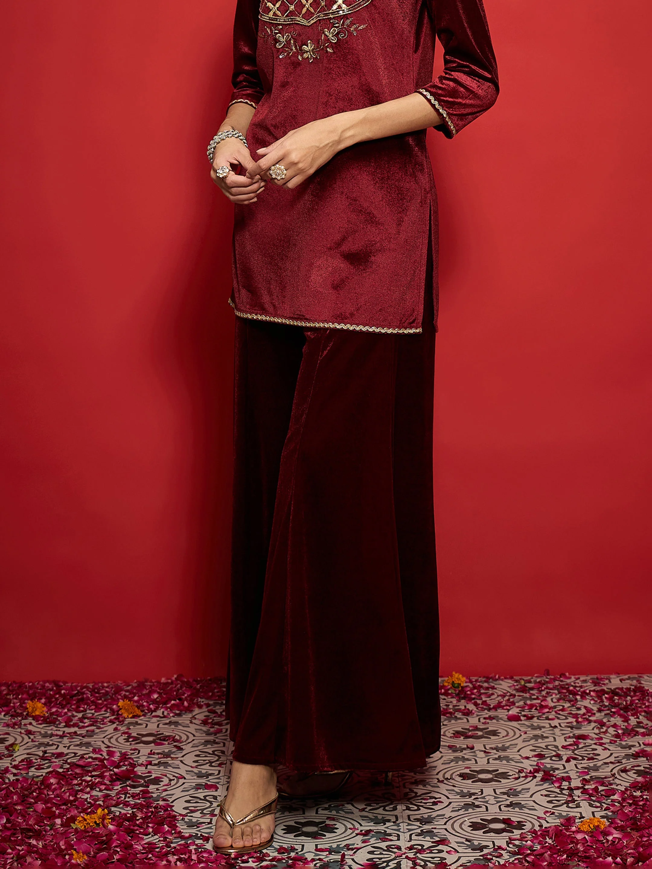 Women Maroon Velvet Flared Palazzos - Image 3