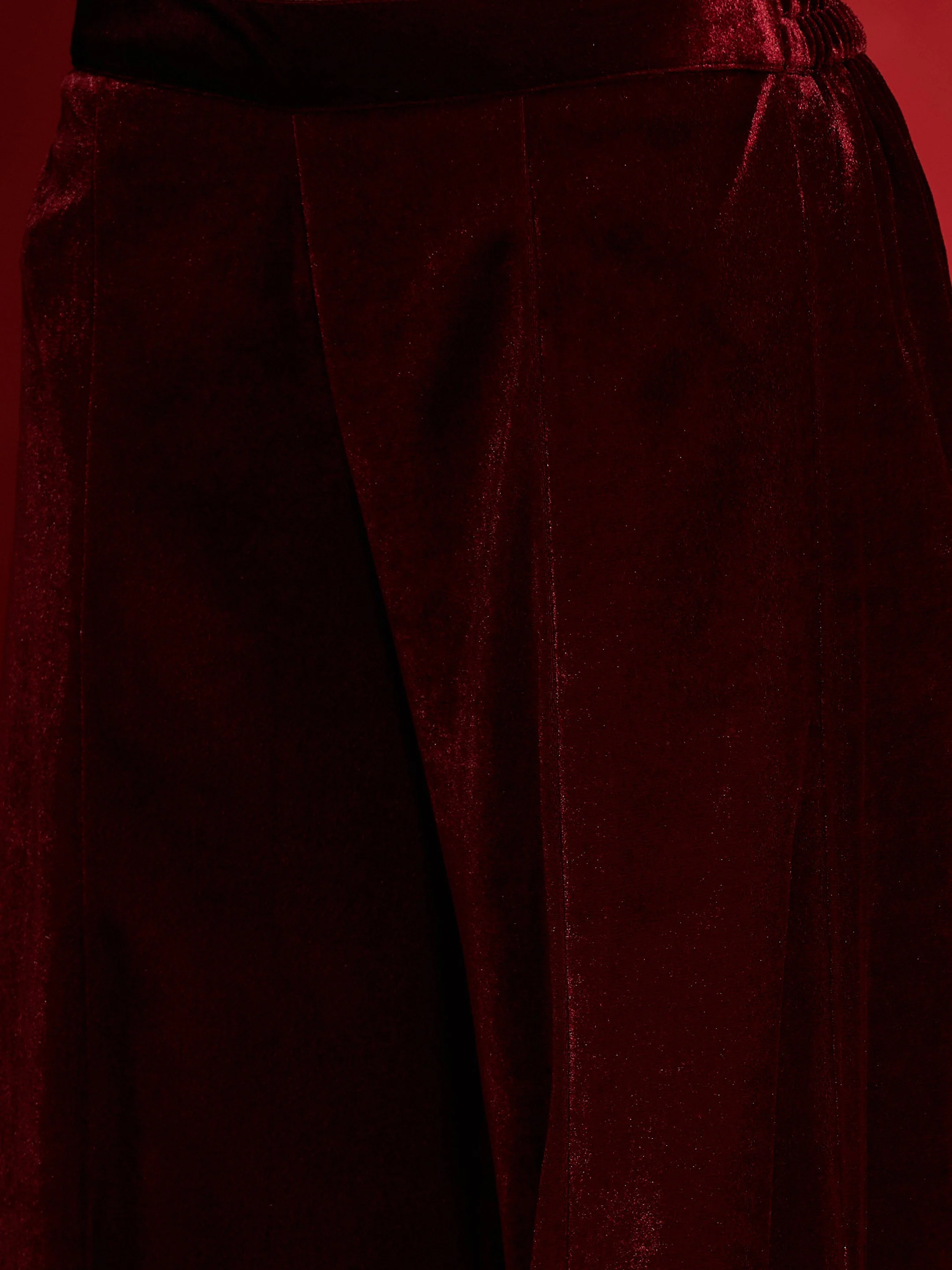 Women Maroon Velvet Flared Palazzos - Image 4