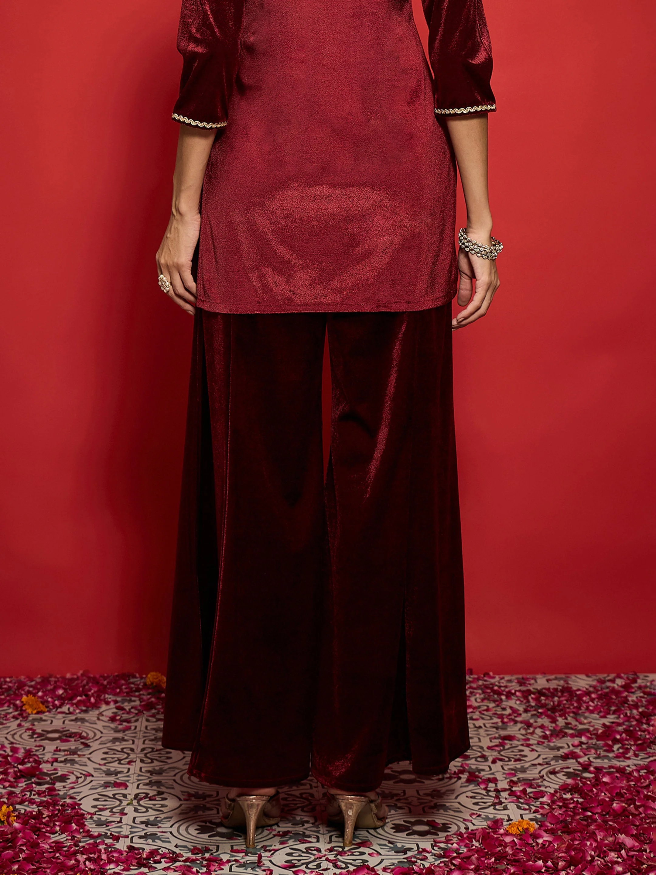 Women Maroon Velvet Flared Palazzos - Image 5