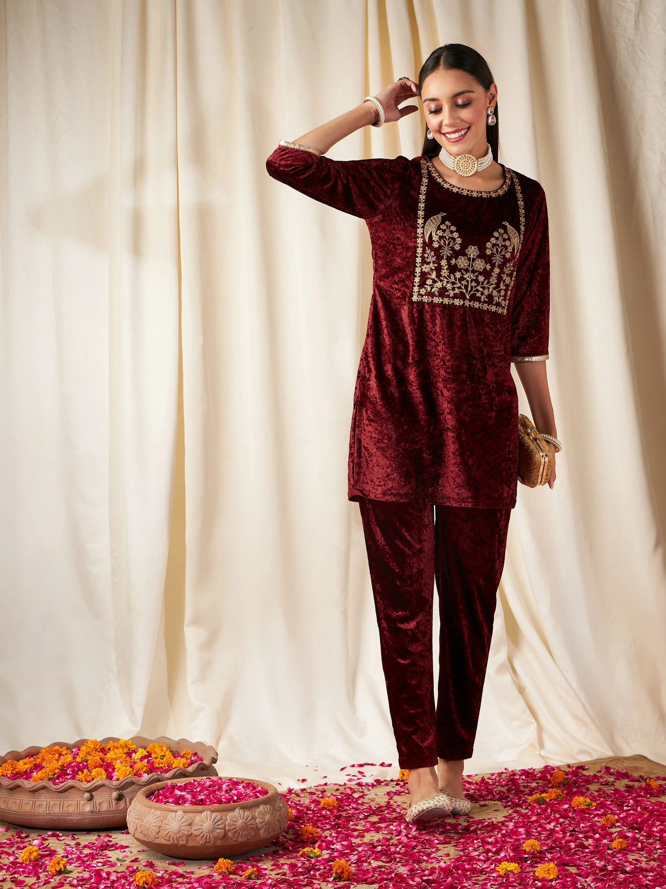 Women Maroon Velvet Pencil Pants - Image 2