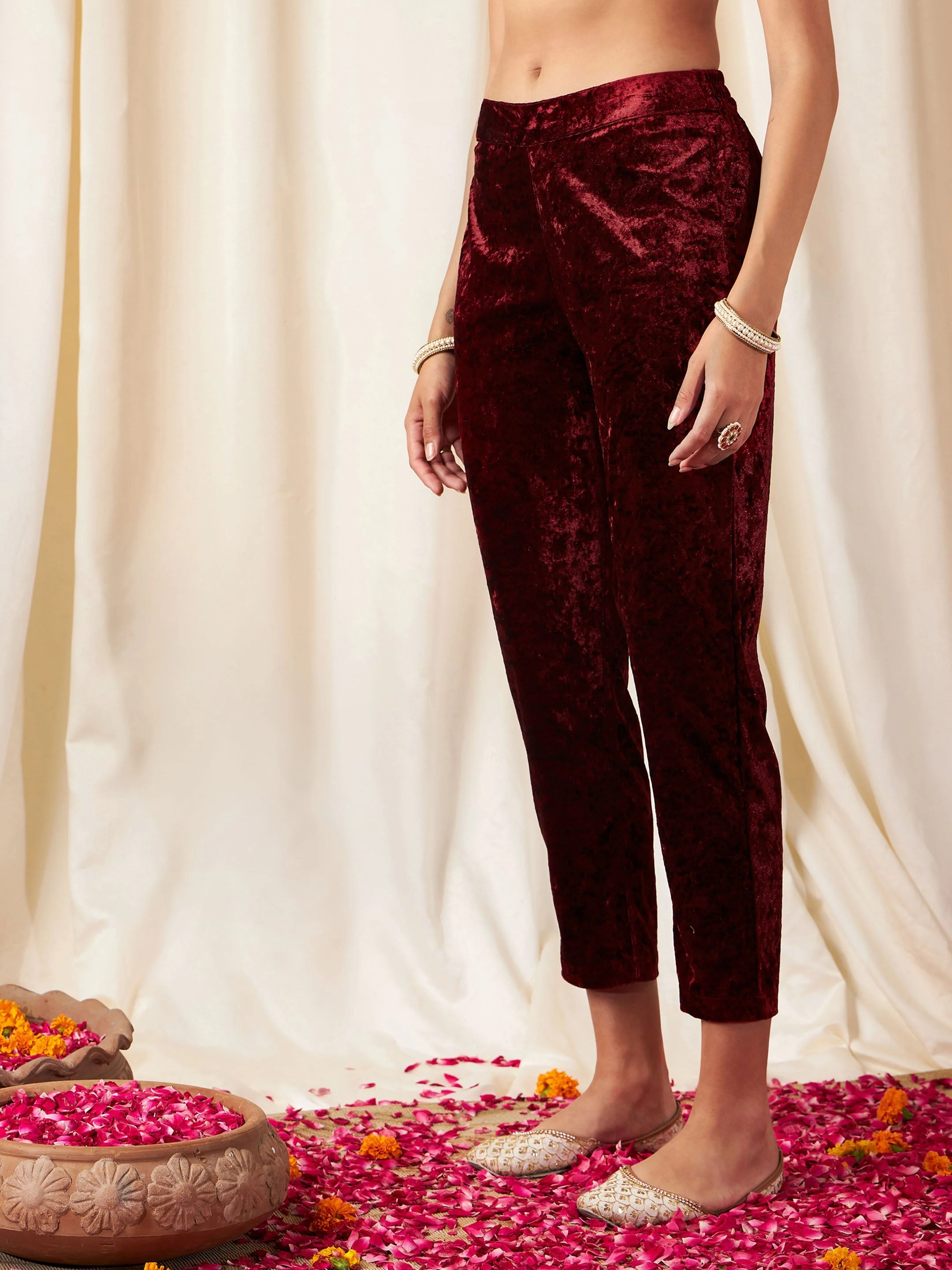 Women Maroon Velvet Pencil Pants - Image 3