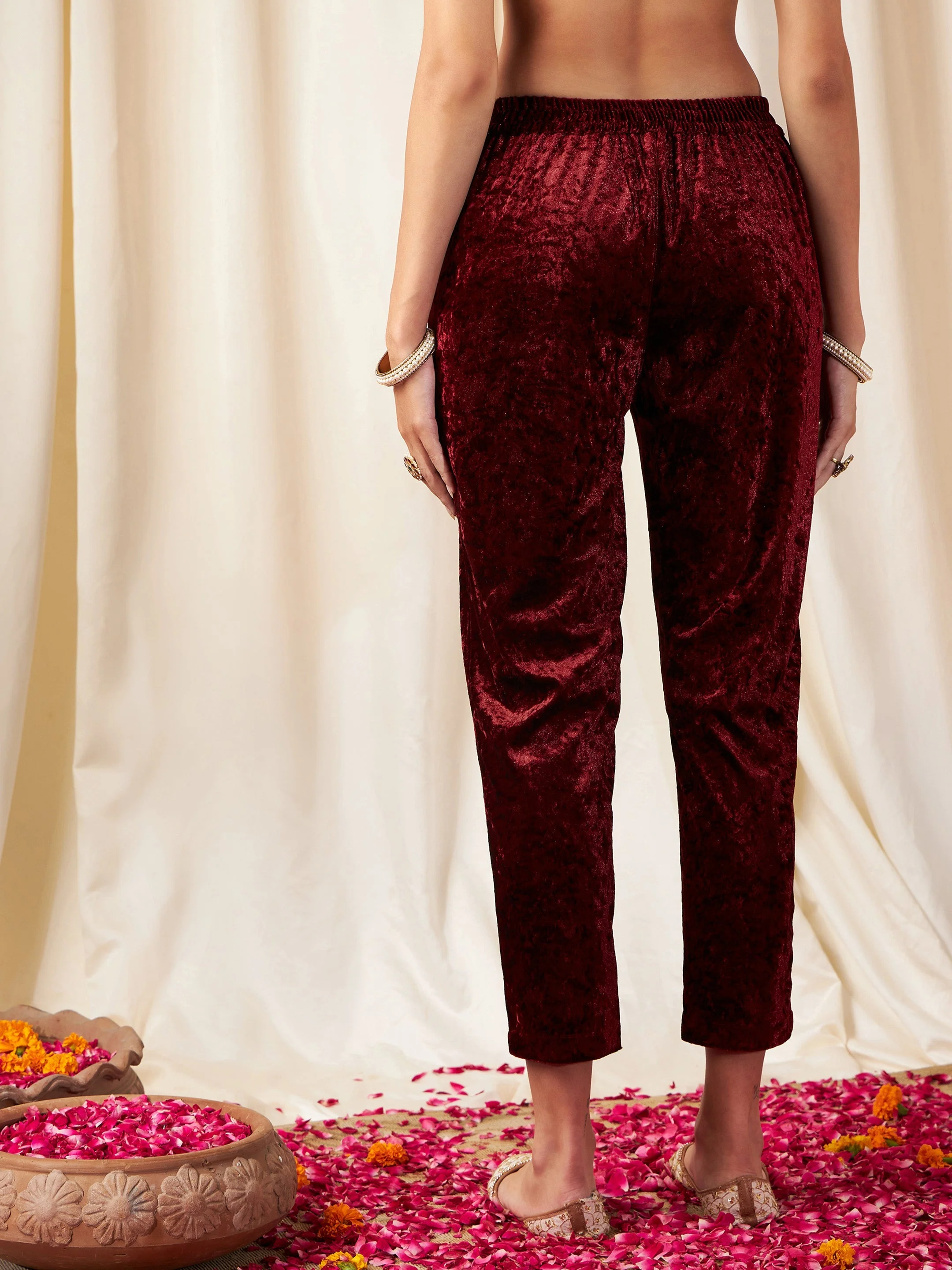 Women Maroon Velvet Pencil Pants - Image 5