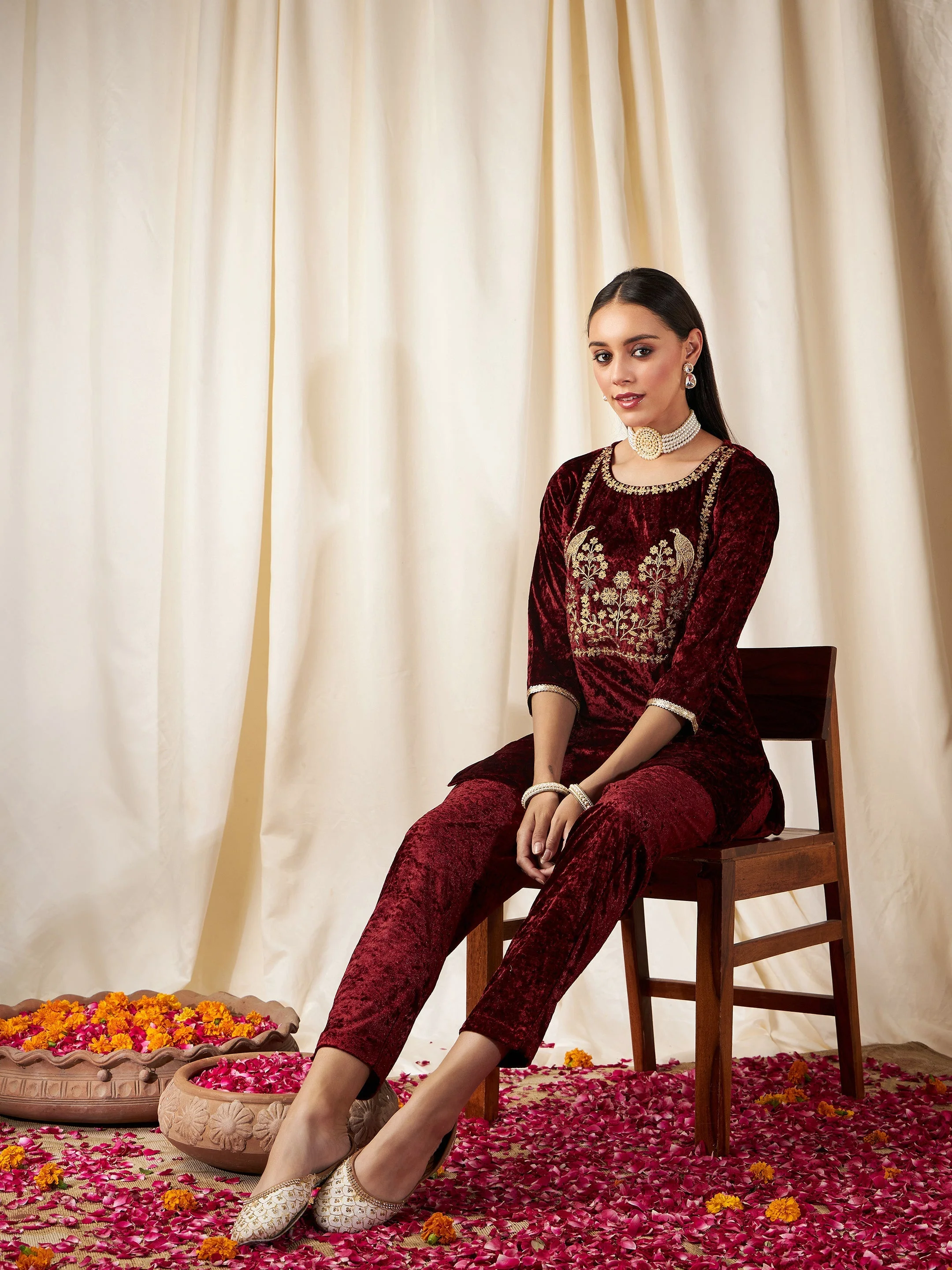 Women Maroon Velvet Pencil Pants - Image 6