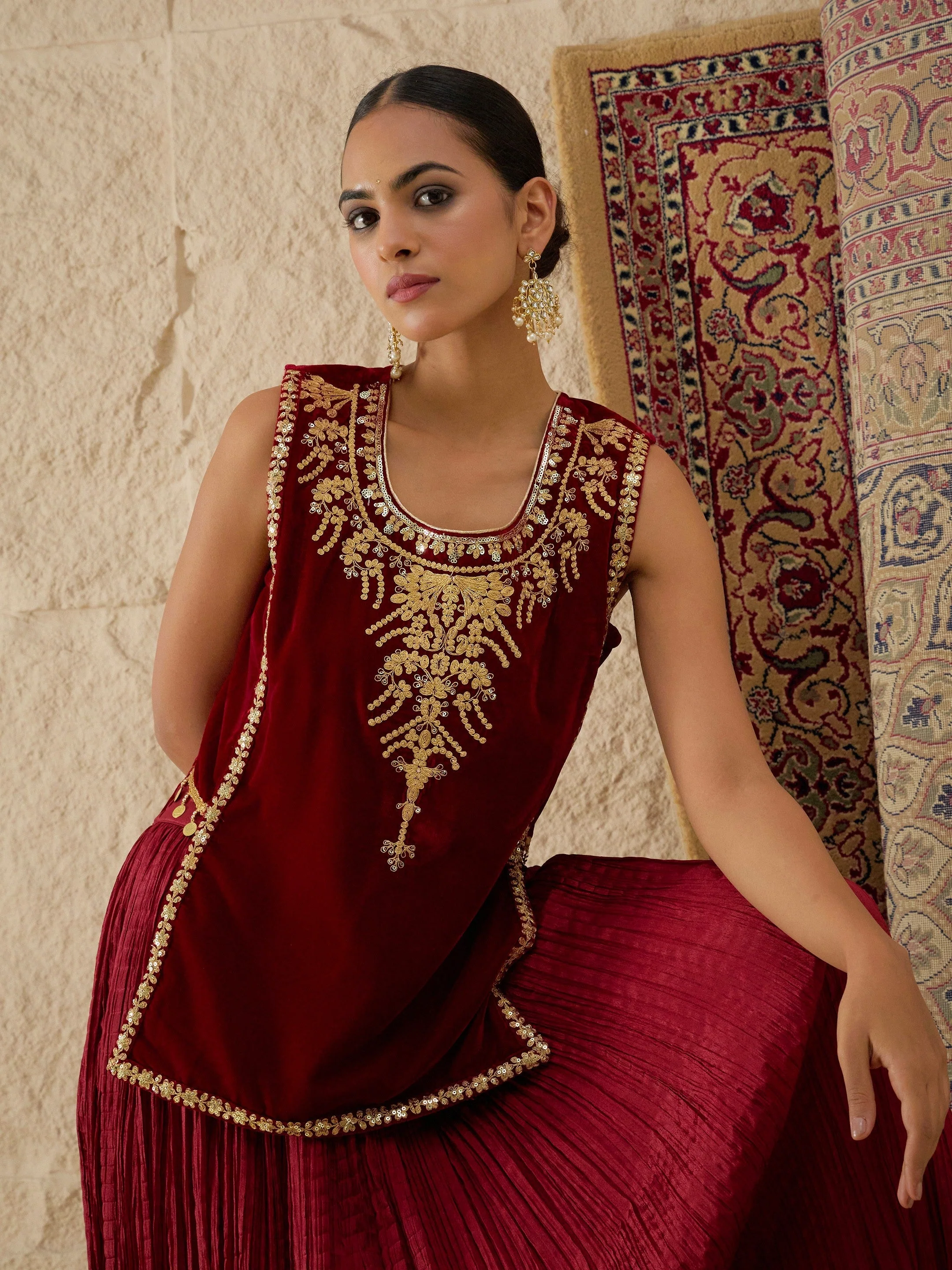 Women Maroon Velvet Sleeveless Top With Pleated Skirt - Image 2