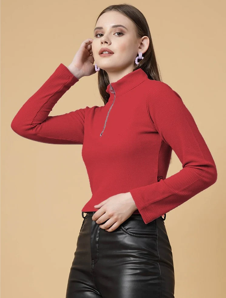Women Maroon Waffle Top - Image 4
