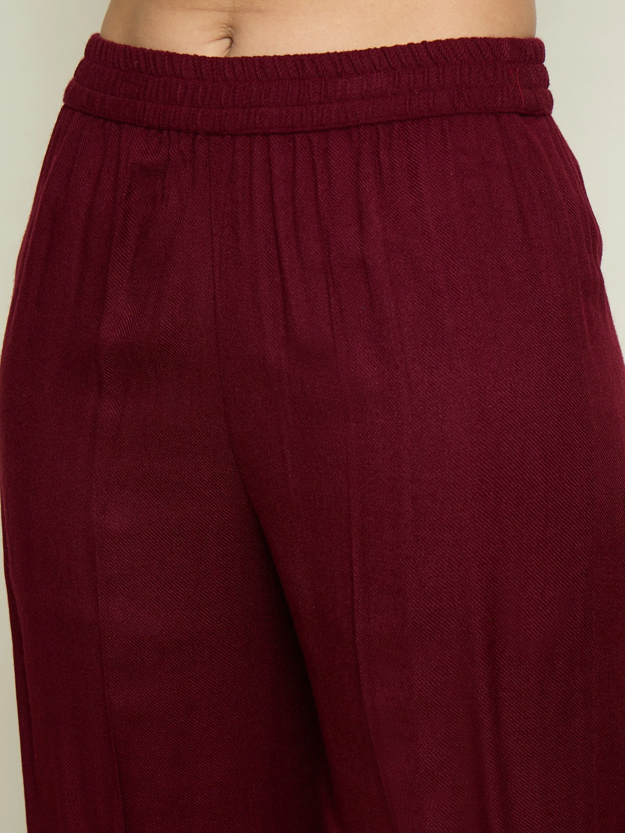 Women Maroon Woollen Embroidered Round Neck Short Kurta With Straight Pants - Image 3