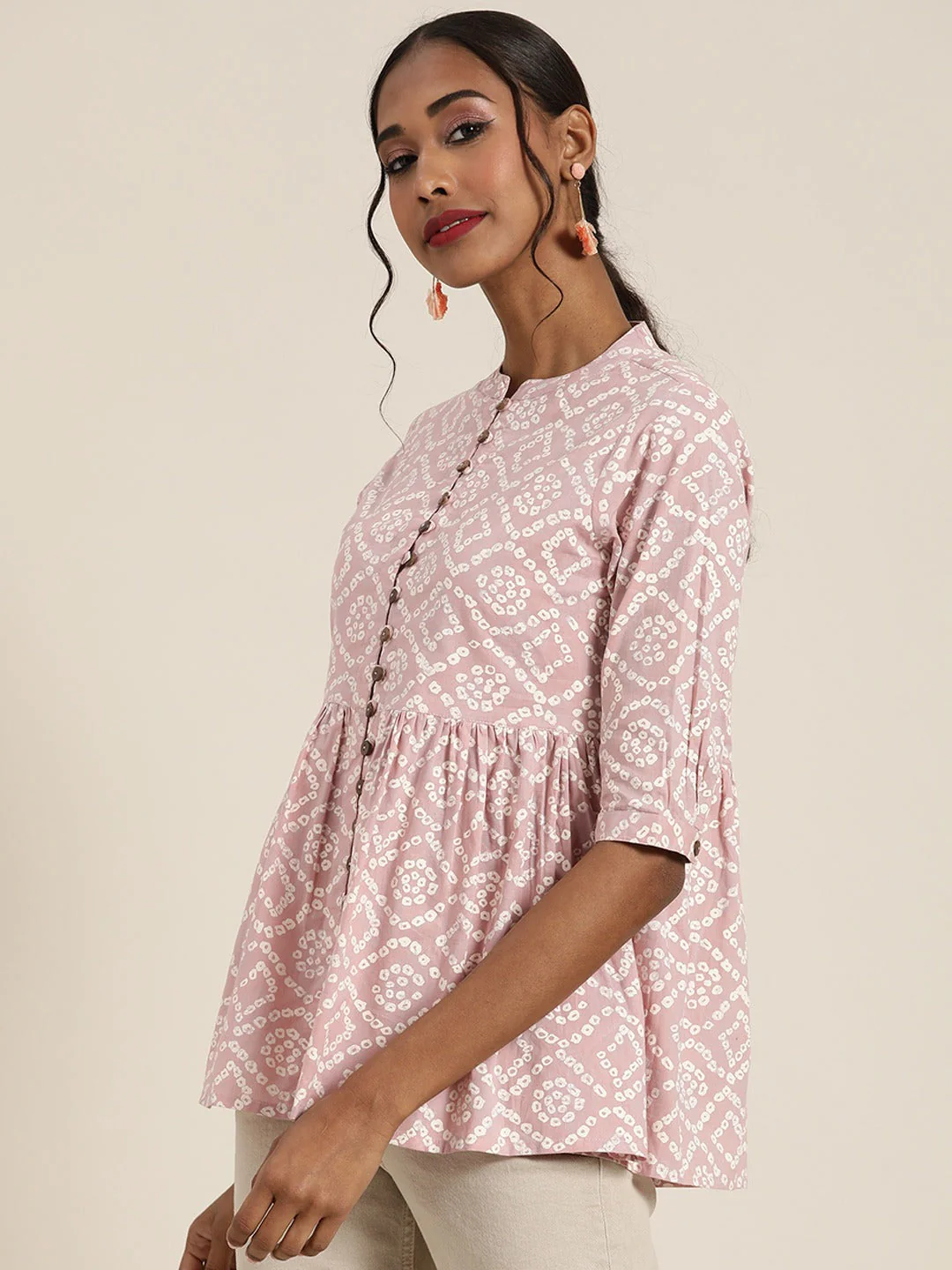 Women Mauve Bandhej Front Button Gathered Top - Image 2