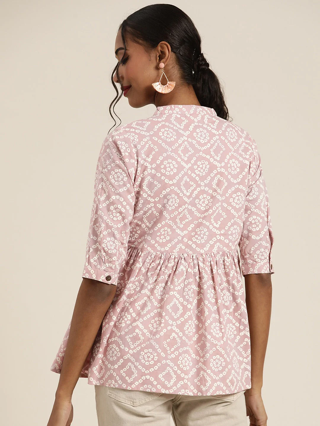 Women Mauve Bandhej Front Button Gathered Top - Image 3