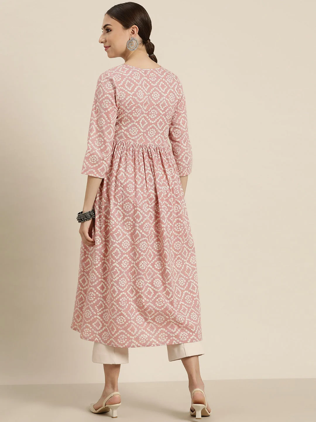Women Mauve Bandhej Gathered Kurta - Image 3