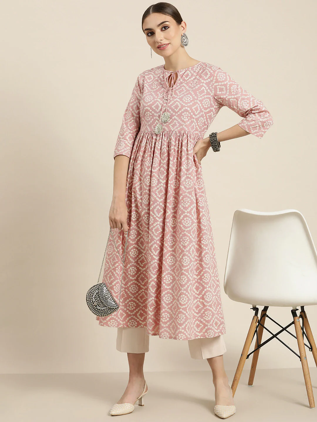 Women Mauve Bandhej Gathered Kurta - Image 4