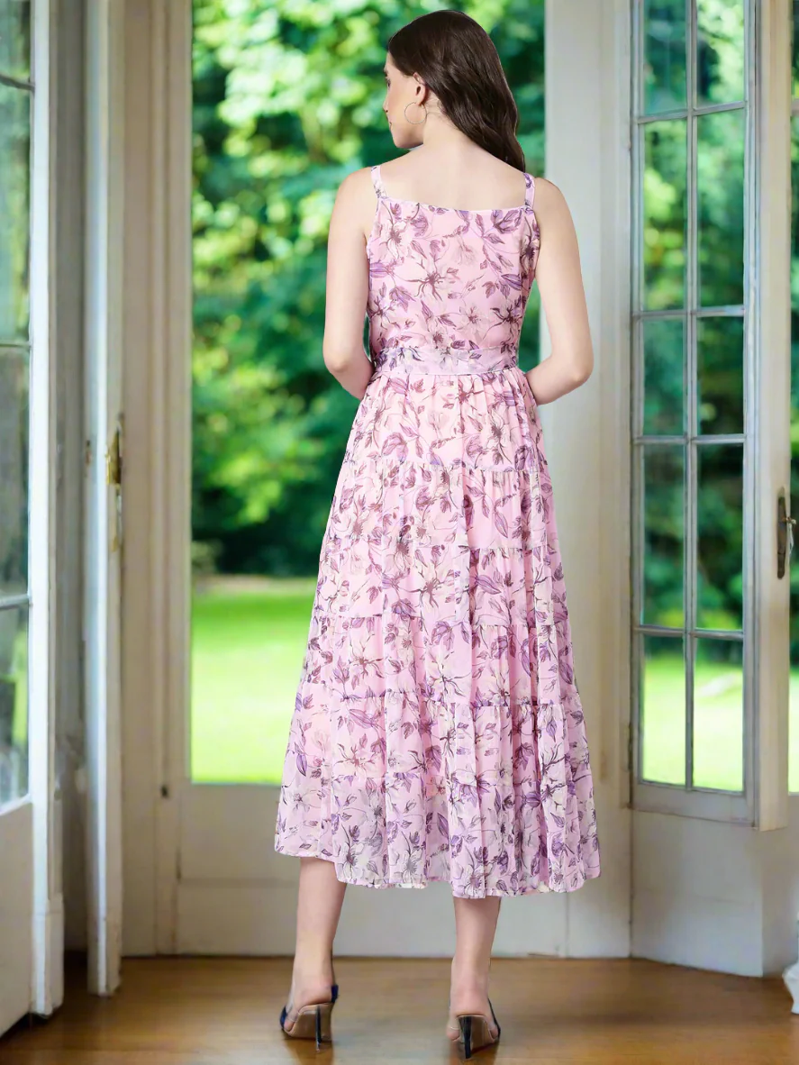 Women Mauve Floral Chiffon Dress - Image 3