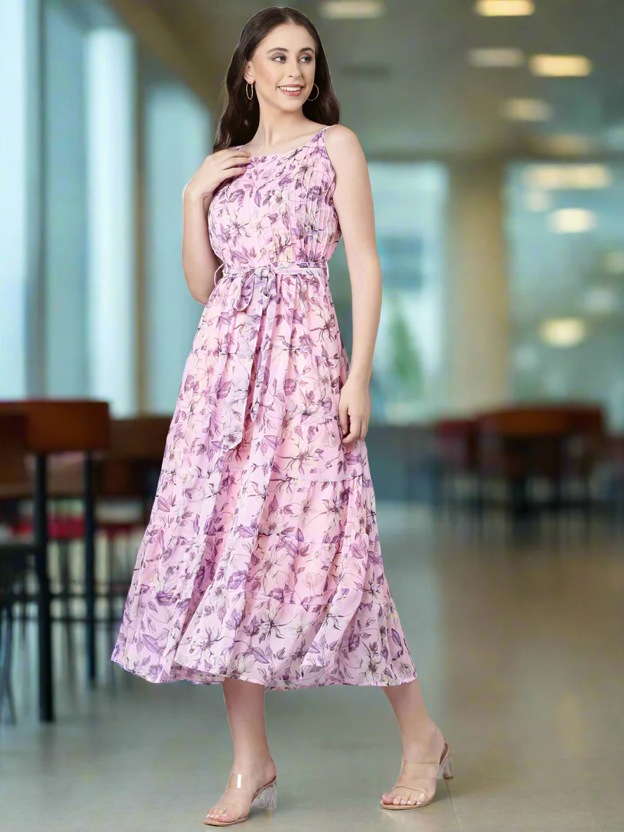 Women Mauve Floral Chiffon Dress - Image 4