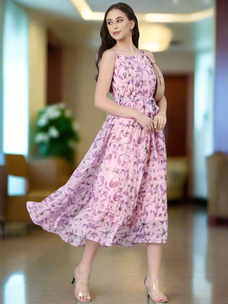 Women Mauve Floral Chiffon Dress - Image 5