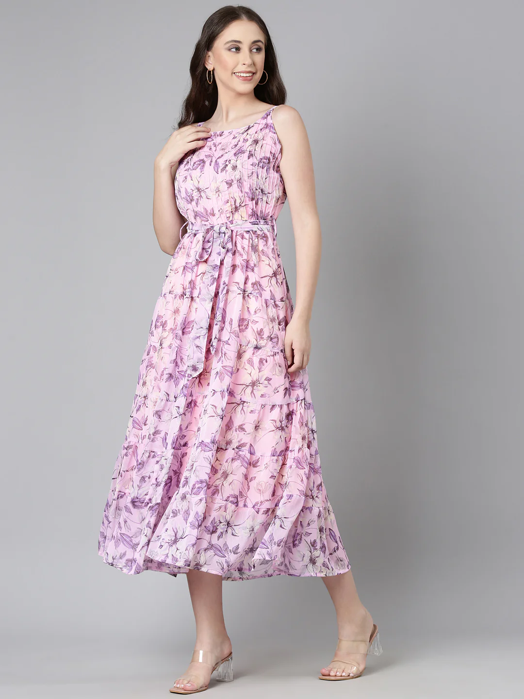 Women Mauve Floral Chiffon Dress - Image 6