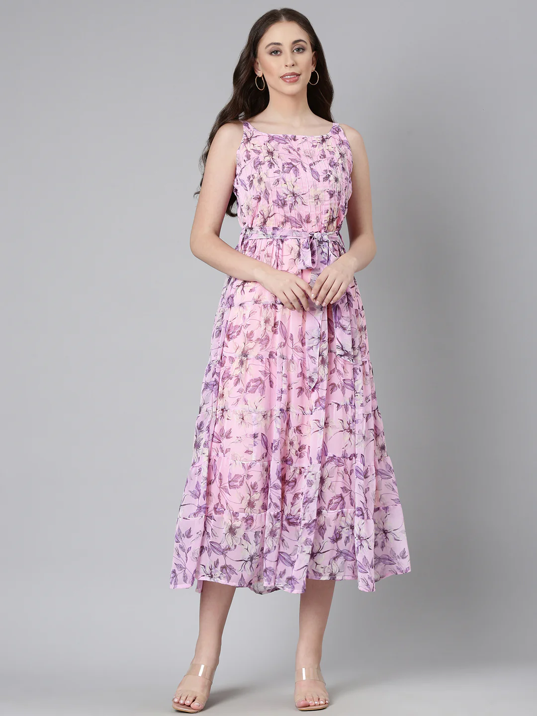 Women Mauve Floral Chiffon Dress - Image 7