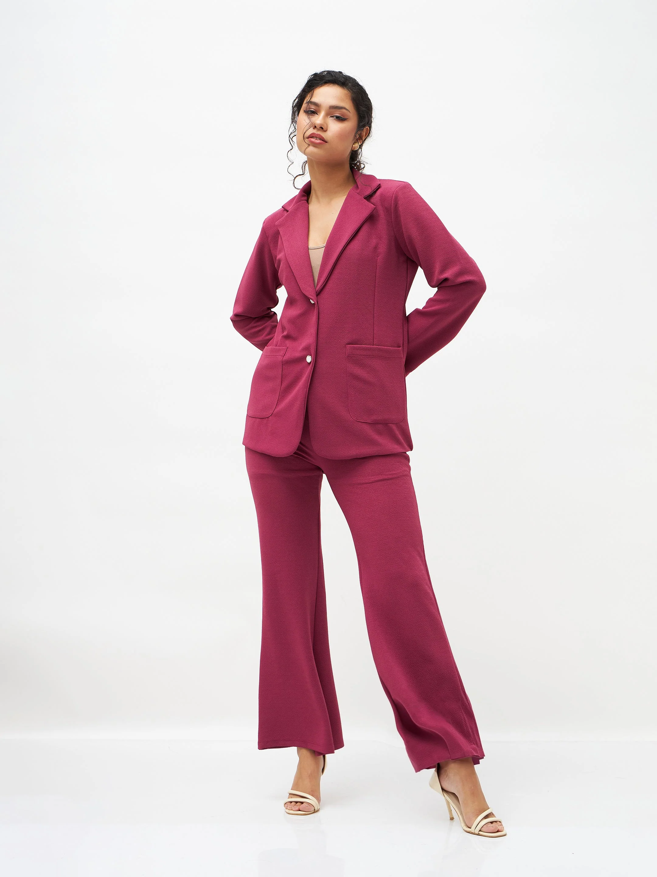 Women Mauve Slim Fit Blazer With Bellbottom Pants - Image 2