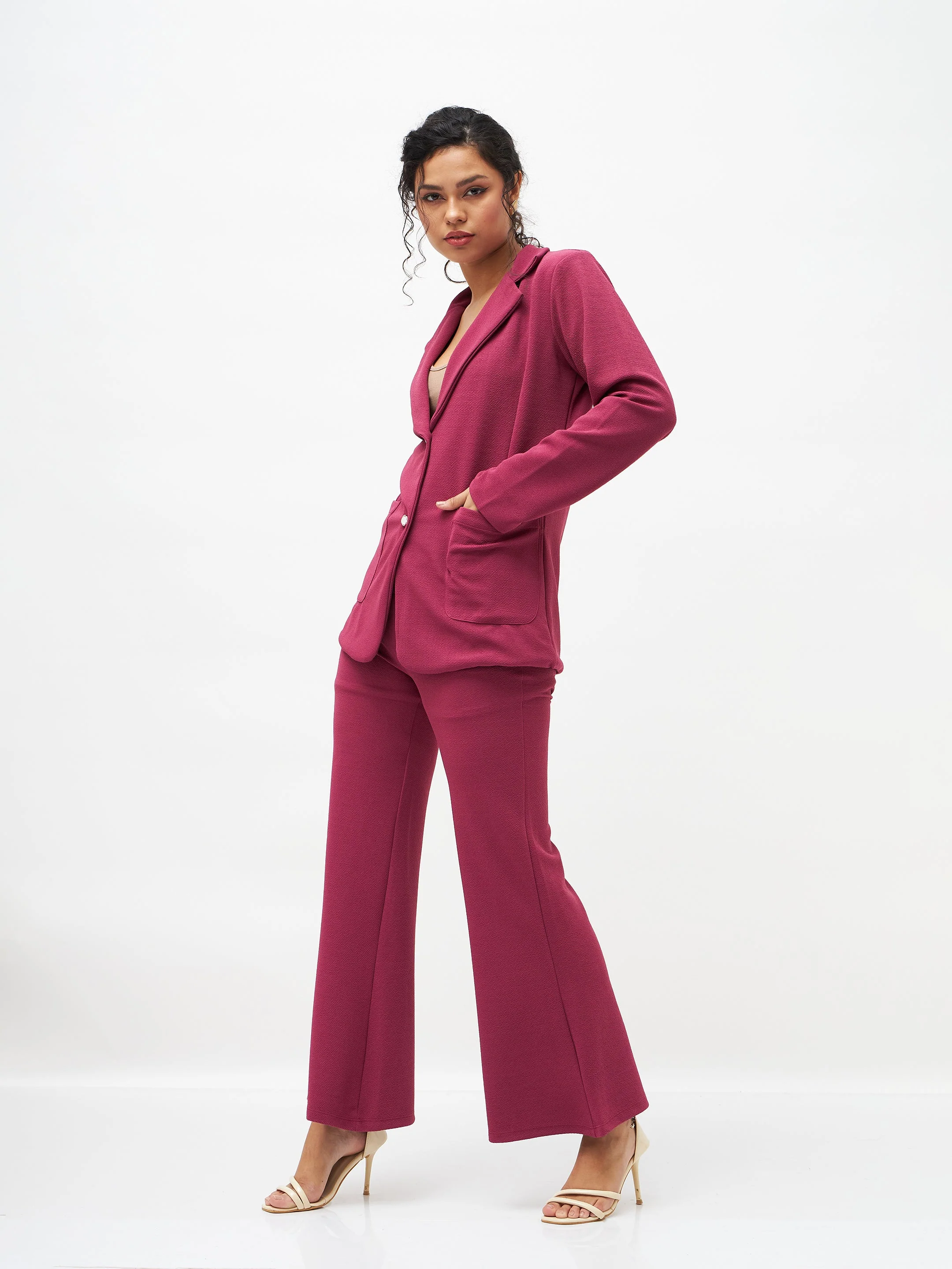 Women Mauve Slim Fit Blazer With Bellbottom Pants - Image 3