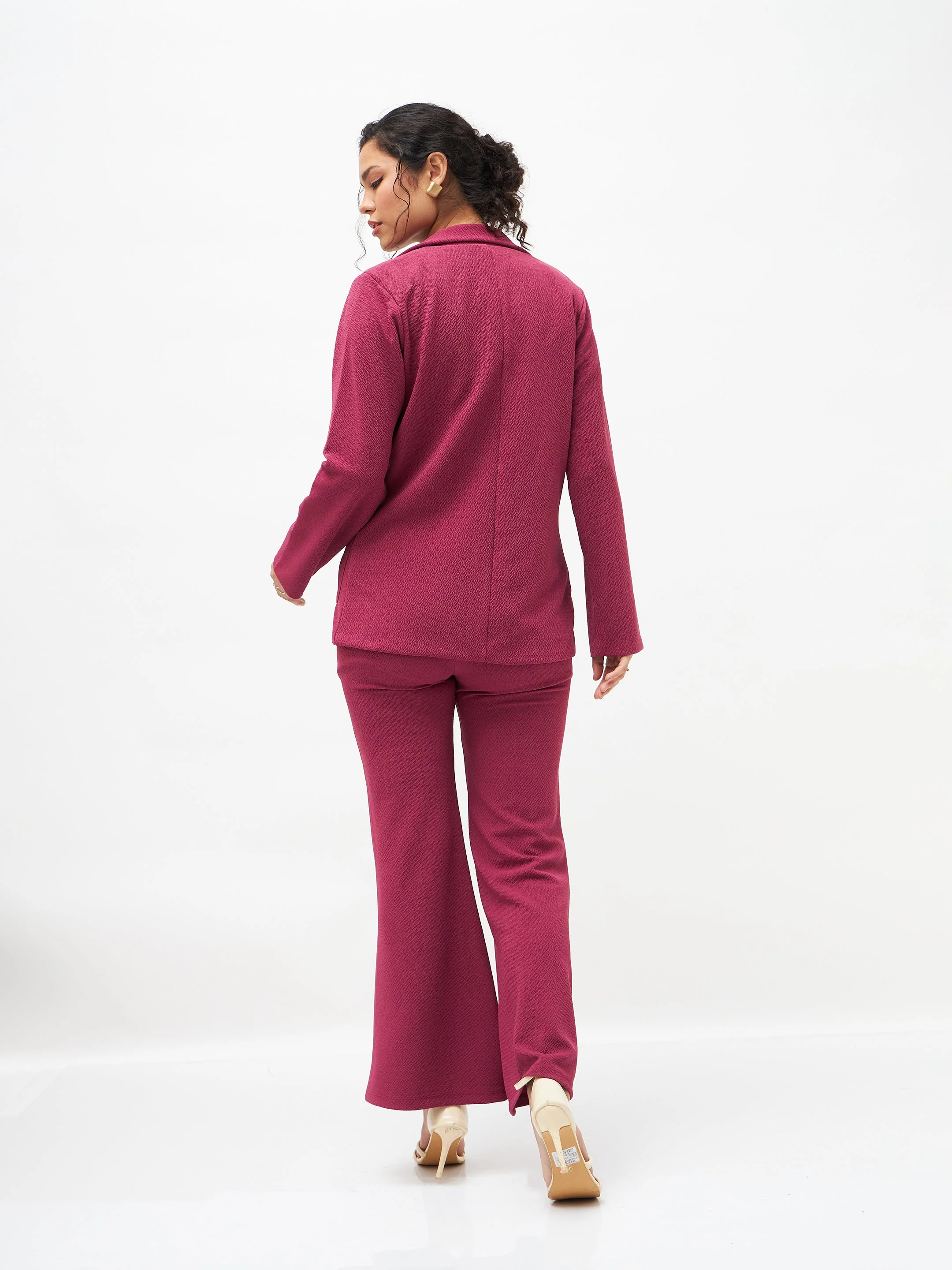 Women Mauve Slim Fit Blazer With Bellbottom Pants - Image 6