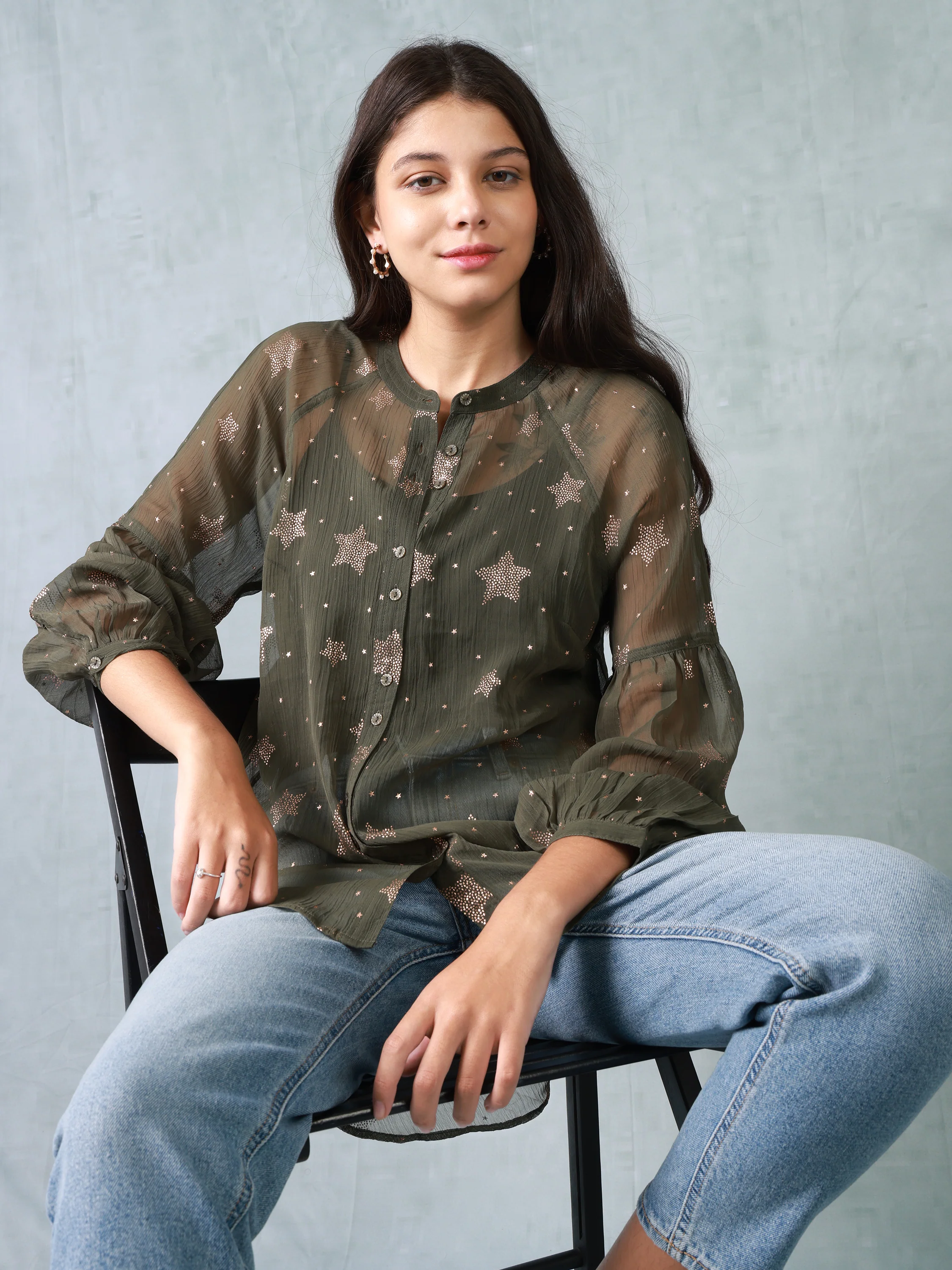 Women Metallic Printed Casual Top - Image 2