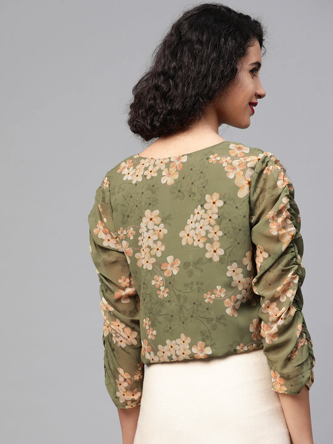 Women Moss Green Floral Rouched Sleeves Crop Top - Image 2