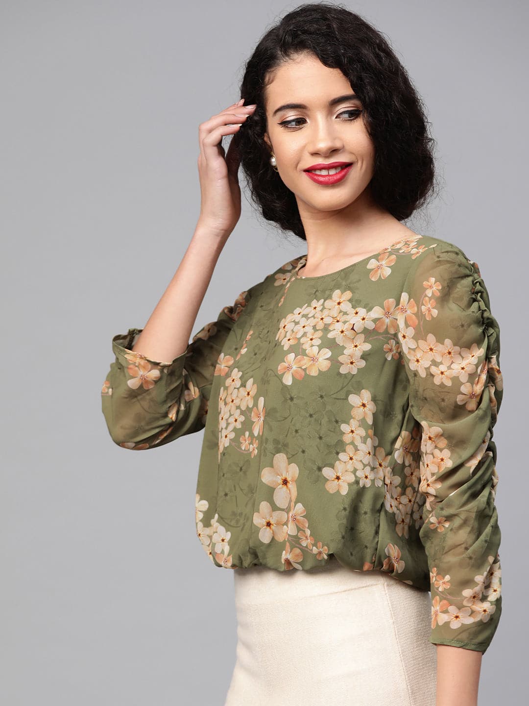Women Moss Green Floral Rouched Sleeves Crop Top - Image 3