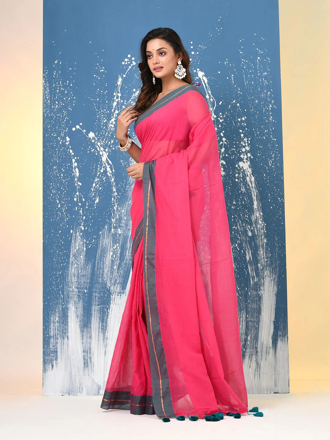 Women Mul Cotton Rani Pink Saree - Image 3