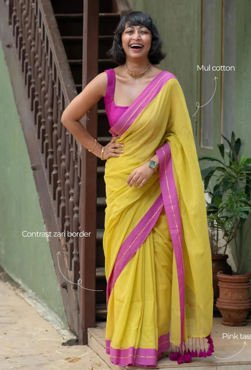 Women Mul Cotton Yellow Pink Border Saree - Image 3