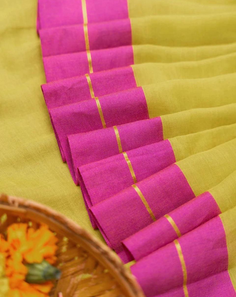 Women Mul Cotton Yellow Pink Border Saree - Image 5