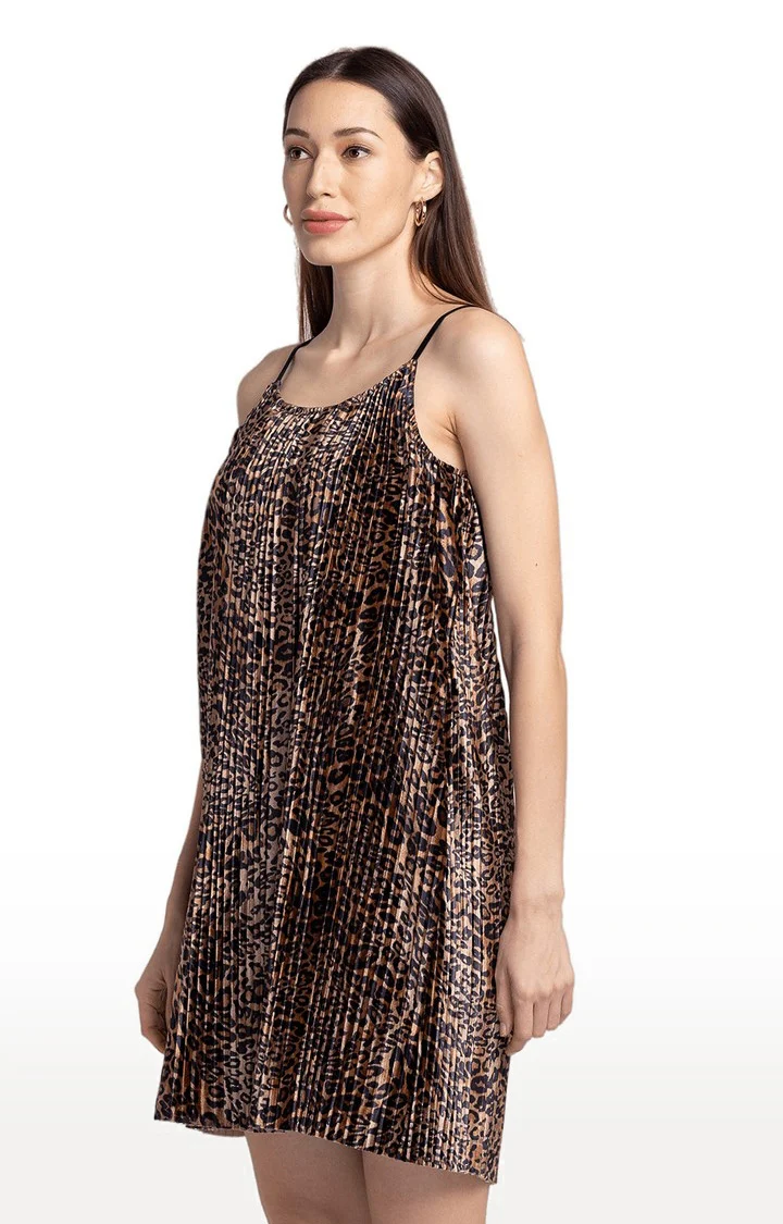 Women Leopard Print Pleated Dress - Image 5