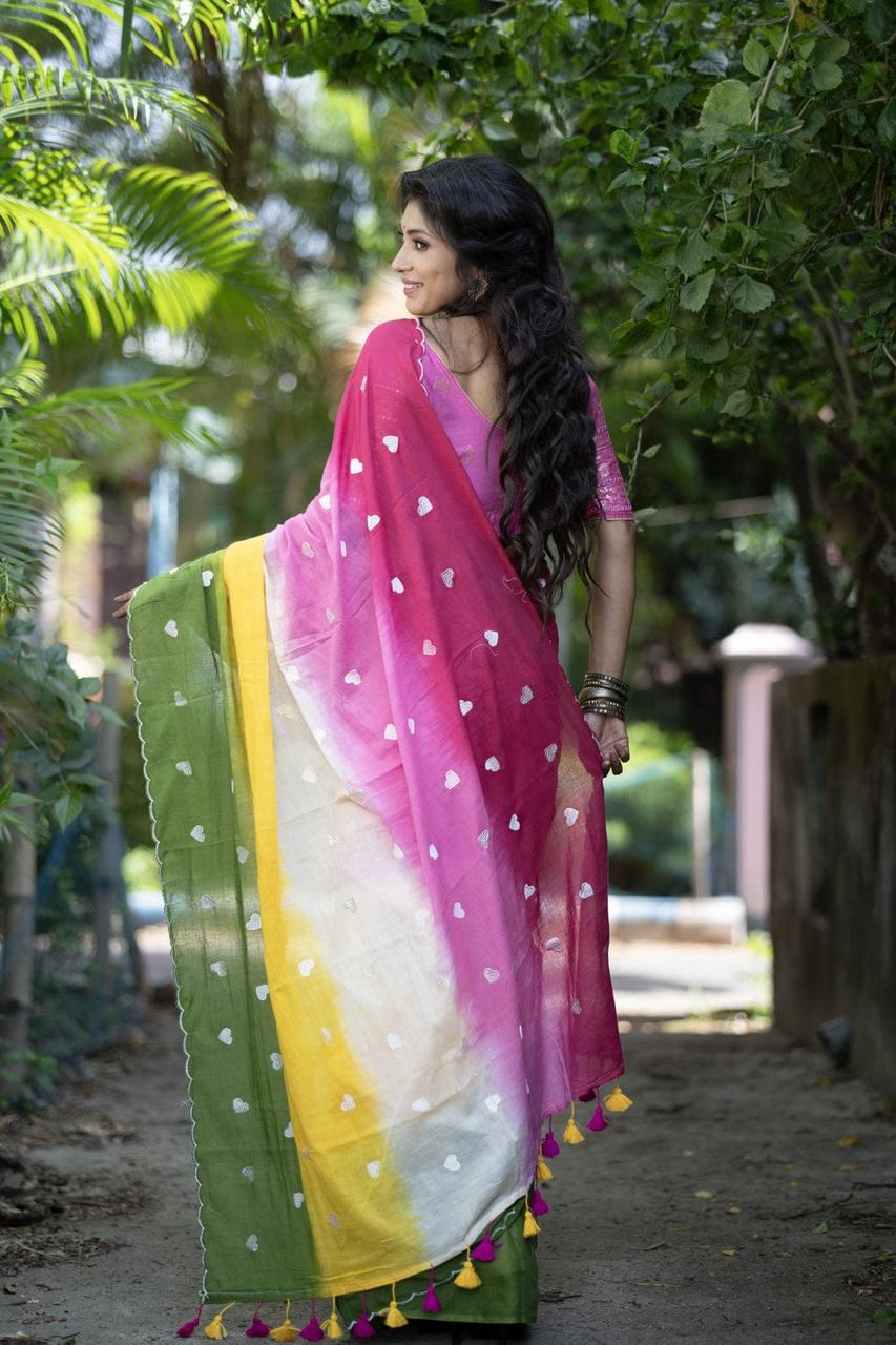 Women Multi Color Mul Cotton Love Design Saree - Image 2