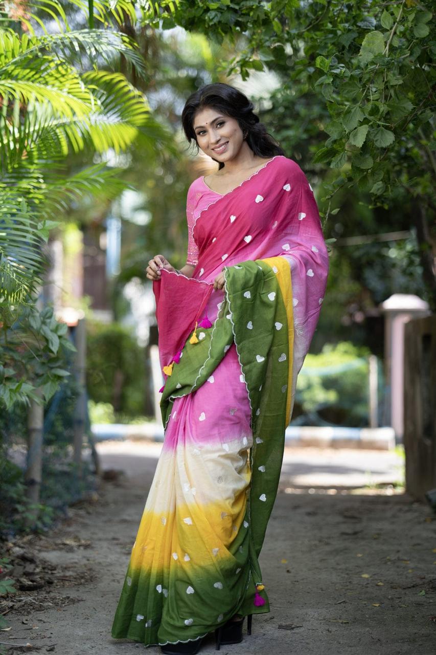 Women Multi Color Mul Cotton Love Design Saree - Image 5