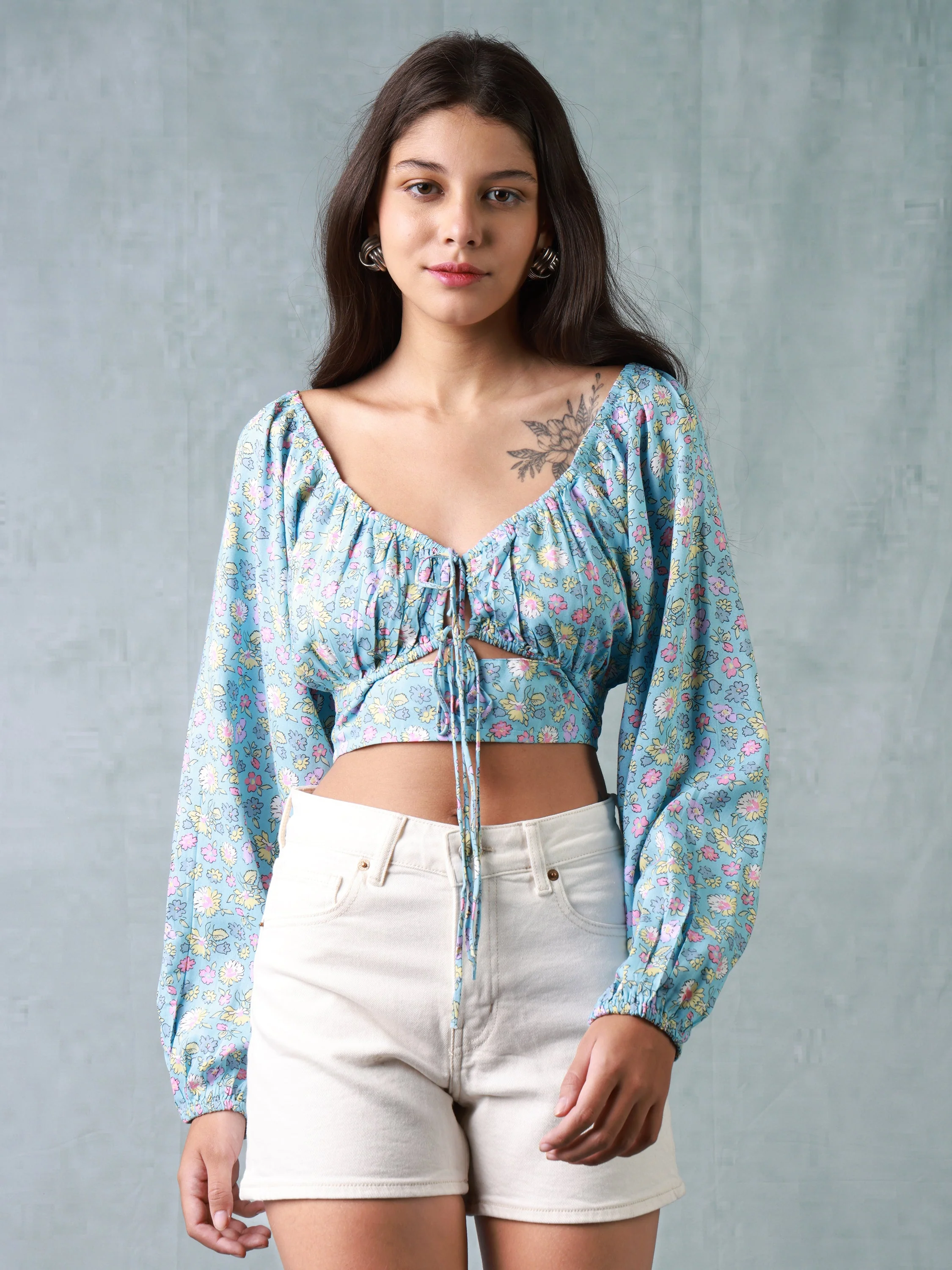 Women Multi Colored Front Tie Crop Top - Image 2